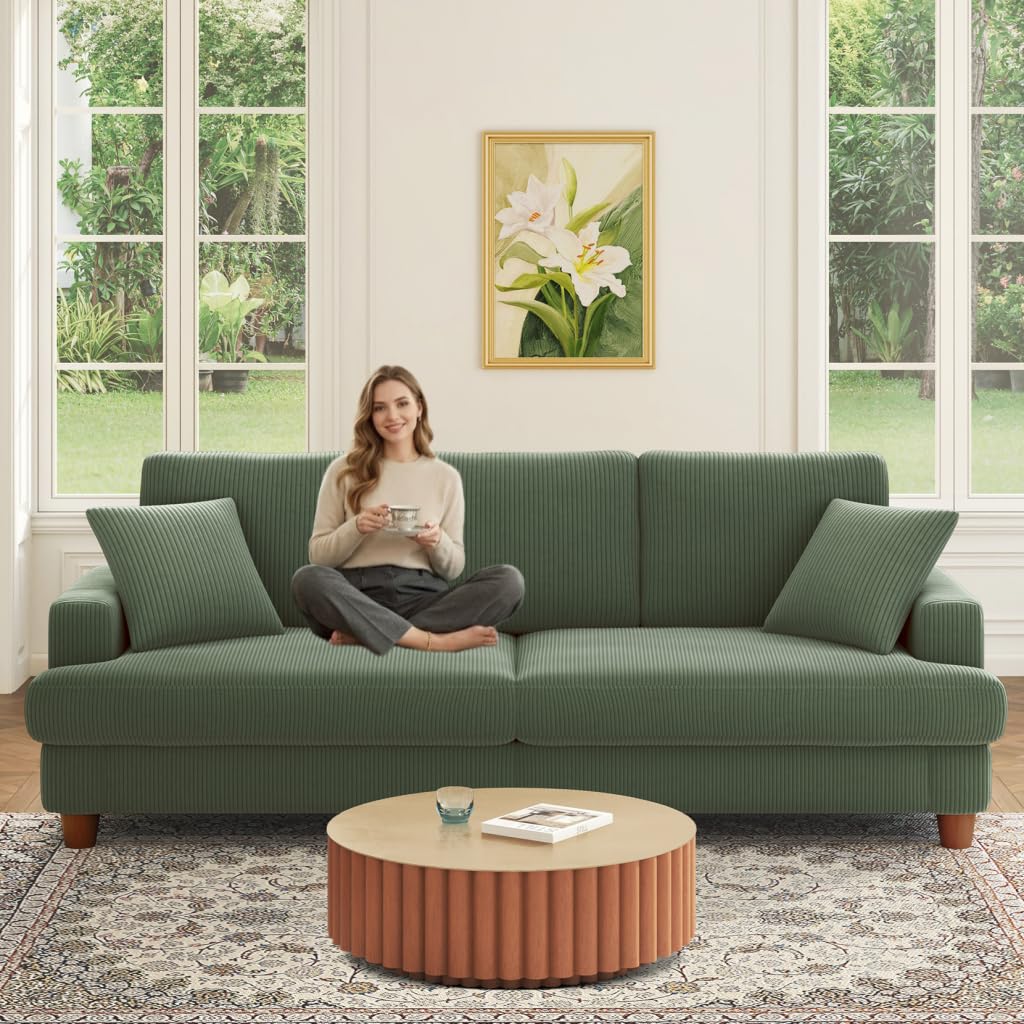 Kidirect Cord Sofa 3 Sitzer, 221CM Bequemes Couch 3 Sitzer, Sofa Wohnzimmer | Big Sofa Couch 53CM Extra Tiefe Sitze, Werkzeugfreie Montage, Modernes Couch fürs Büro, 2 Kissen, Schlafzimmer Sofas Waldgrün