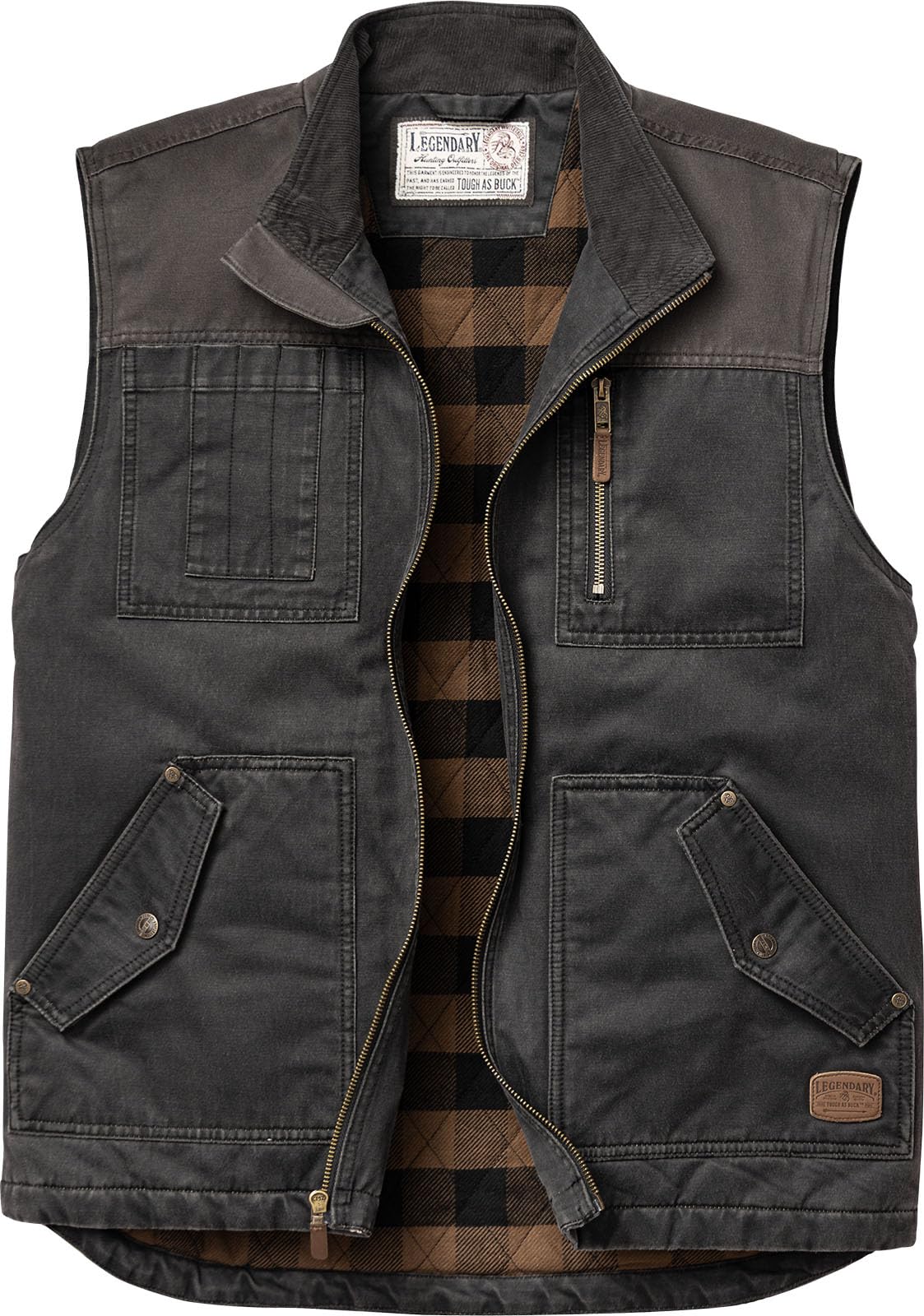 Legendary Whitetails Men's Tough as Buck Vest for Men, Work Flannel Lined Hunting Outerwear, Casual Western Insulated Zip Up, Black, 4X-Large Big