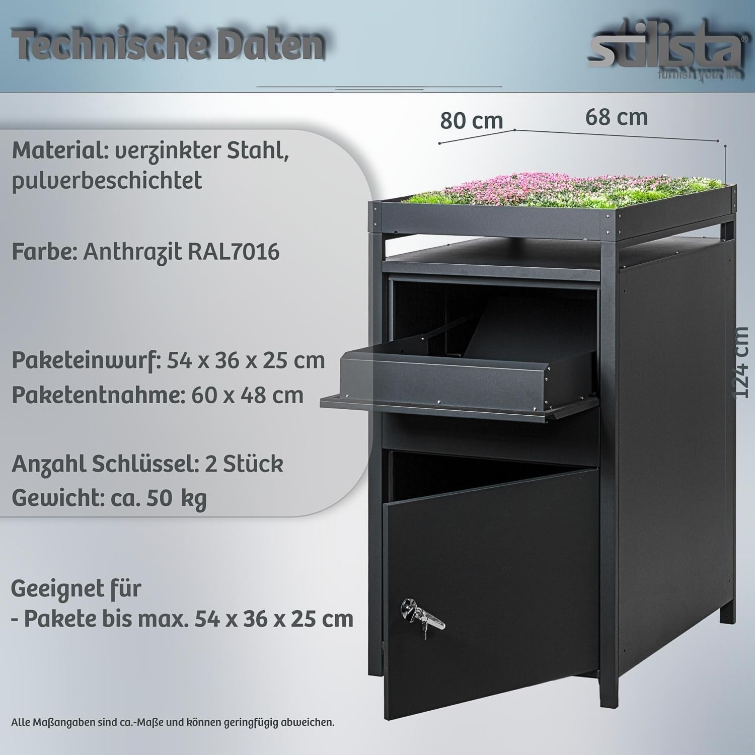 STILISTA Mülltonnenverkleidung mit Paketkasten und Pflanzdach, je 240 Liter, Anthrazit (Paketkasten)