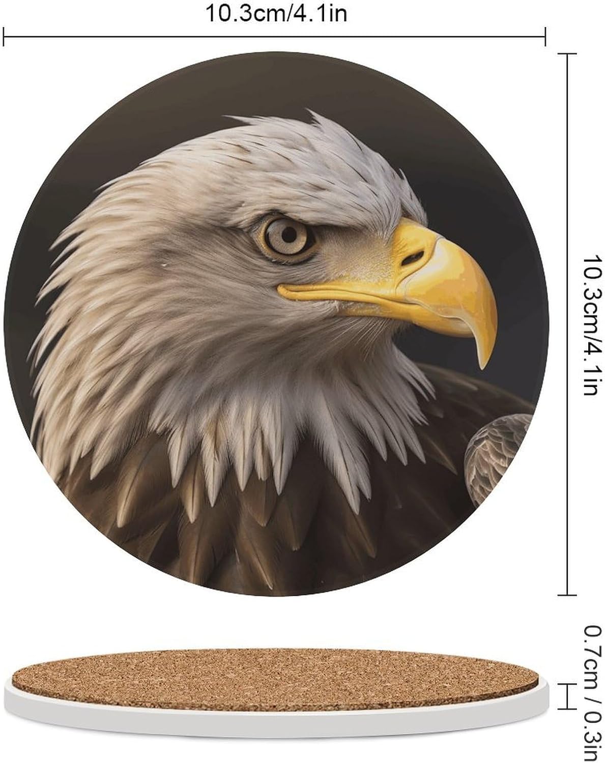 6PCS Bald Eagle Coasters Non-Slip Round Drink Coasters with Ceramic Stone and Cork Base, Heat Resistant Absorbent 33.00Stone Coaster Set for Kinds of Mugs and Cups, 4 Inch