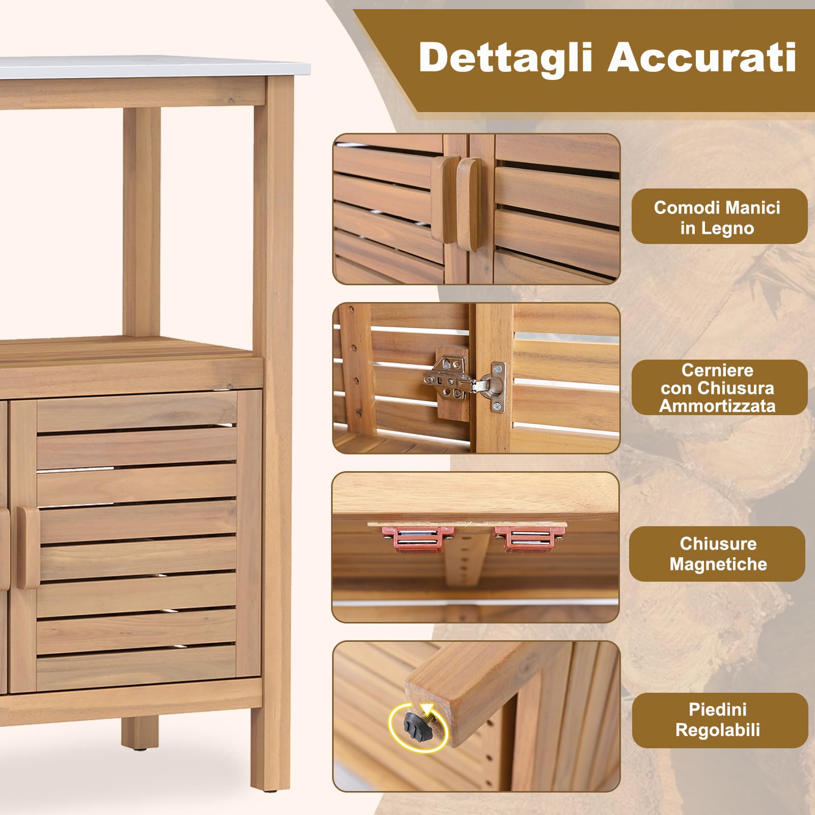 COSTWAY Armadio da Esterno Impermeabile in Legno di Acacia, Mobile Esterno Balcone con Piano di Lavoro in Resina, 2 Ante Persiana e Ripiano Aperto, per Piante e Attrezzi, Naturale, 80 x 40 x 90,5 cm