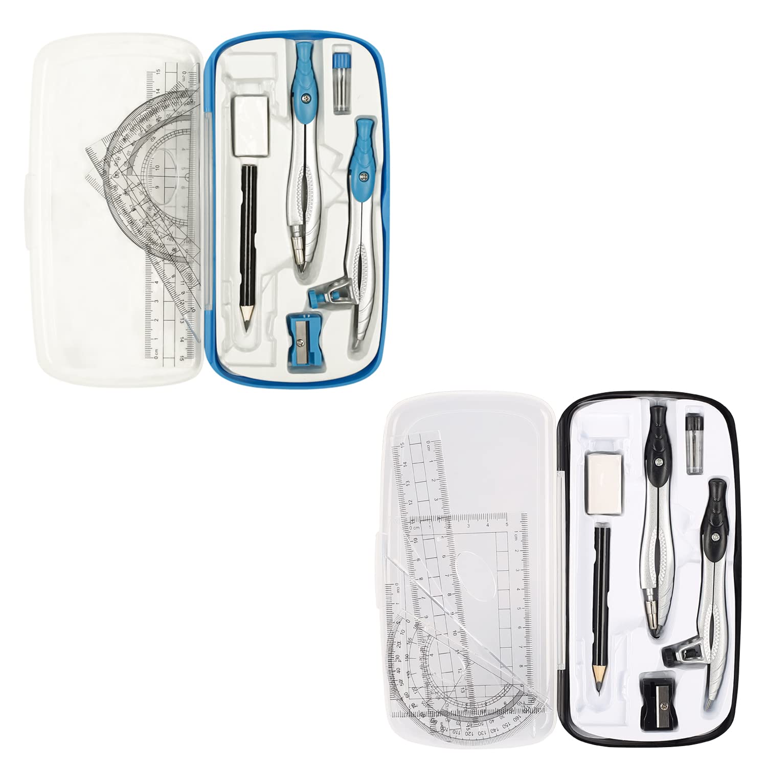 LifreerCompass for Geometry,Blue & Black Geometry Set Includes Storage Box, Rulers, Protractor, Compass, Eraser, Sharpener, Lead Refills, Pencil for Drafting and Drawings