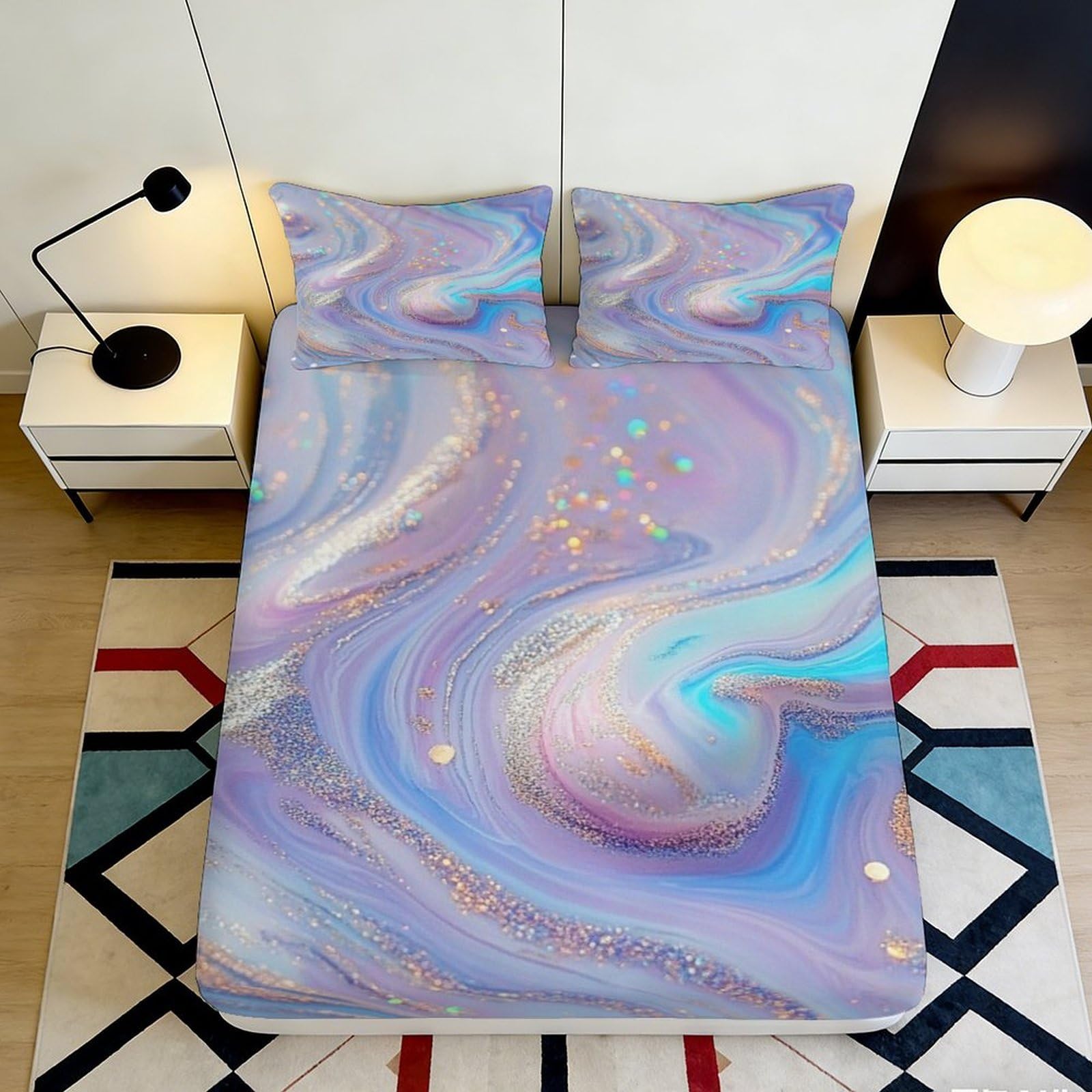 3D Printed Dreamy Marble Fitted Sheet Microfiber Soft Washable Pastel Swirl Mattress Cover for Bedroom Guest Room Decor 90x200x25cm
