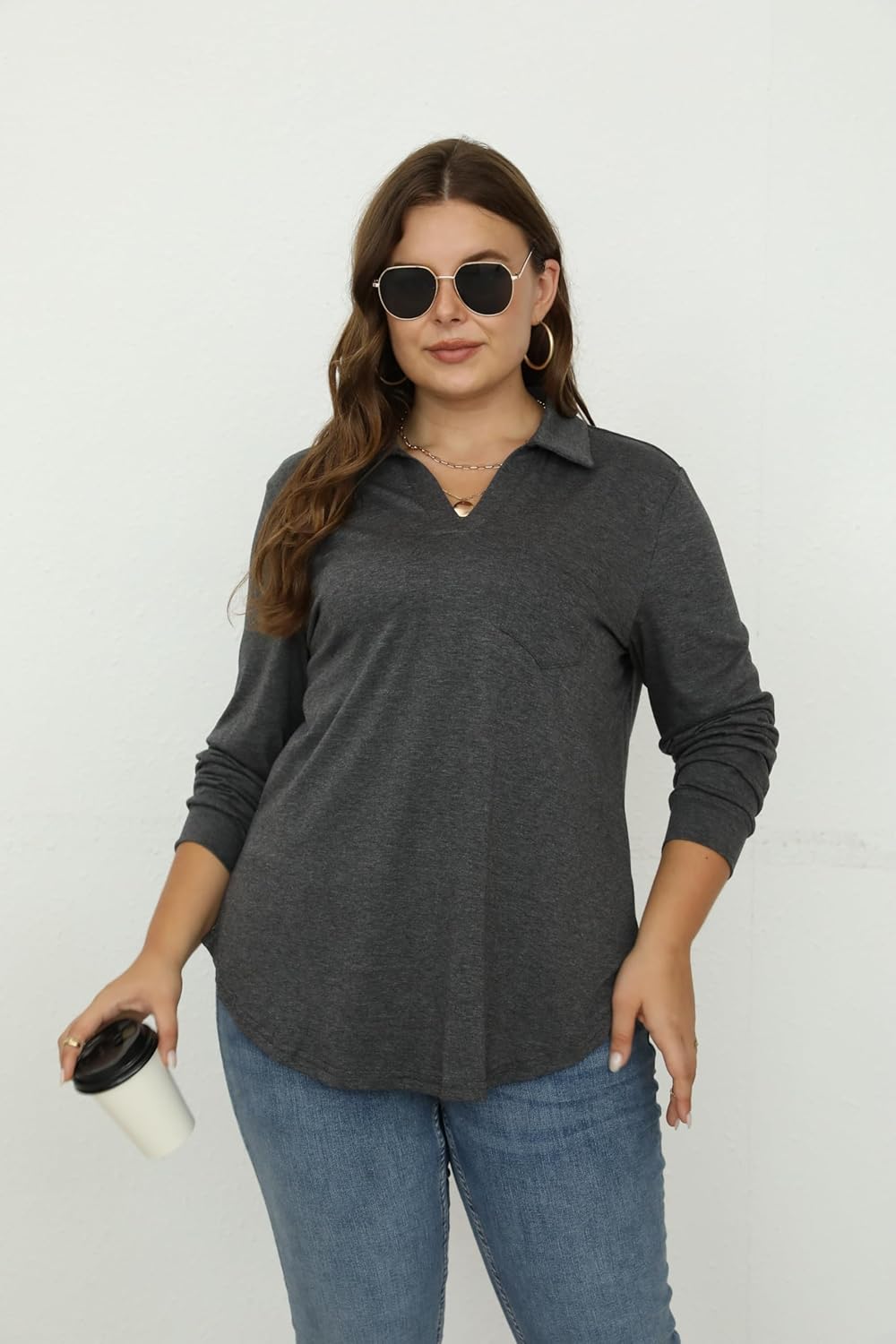 Women Plus Size Long Sleeve Collared V Neck Shirts Business Casual Work Tops Dressy Loose Tunic Blouses 1X-5X - Image 8