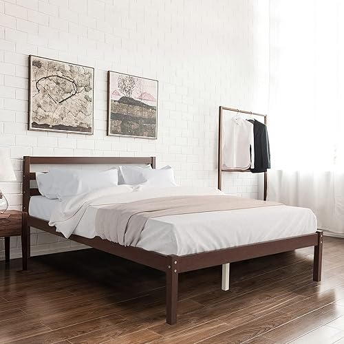Miniatura 9 de Giantex Base de cama de plataforma de madera, cabecera con paneles, soporte de listones de madera, no necesita resortes, base de colchón de cama,