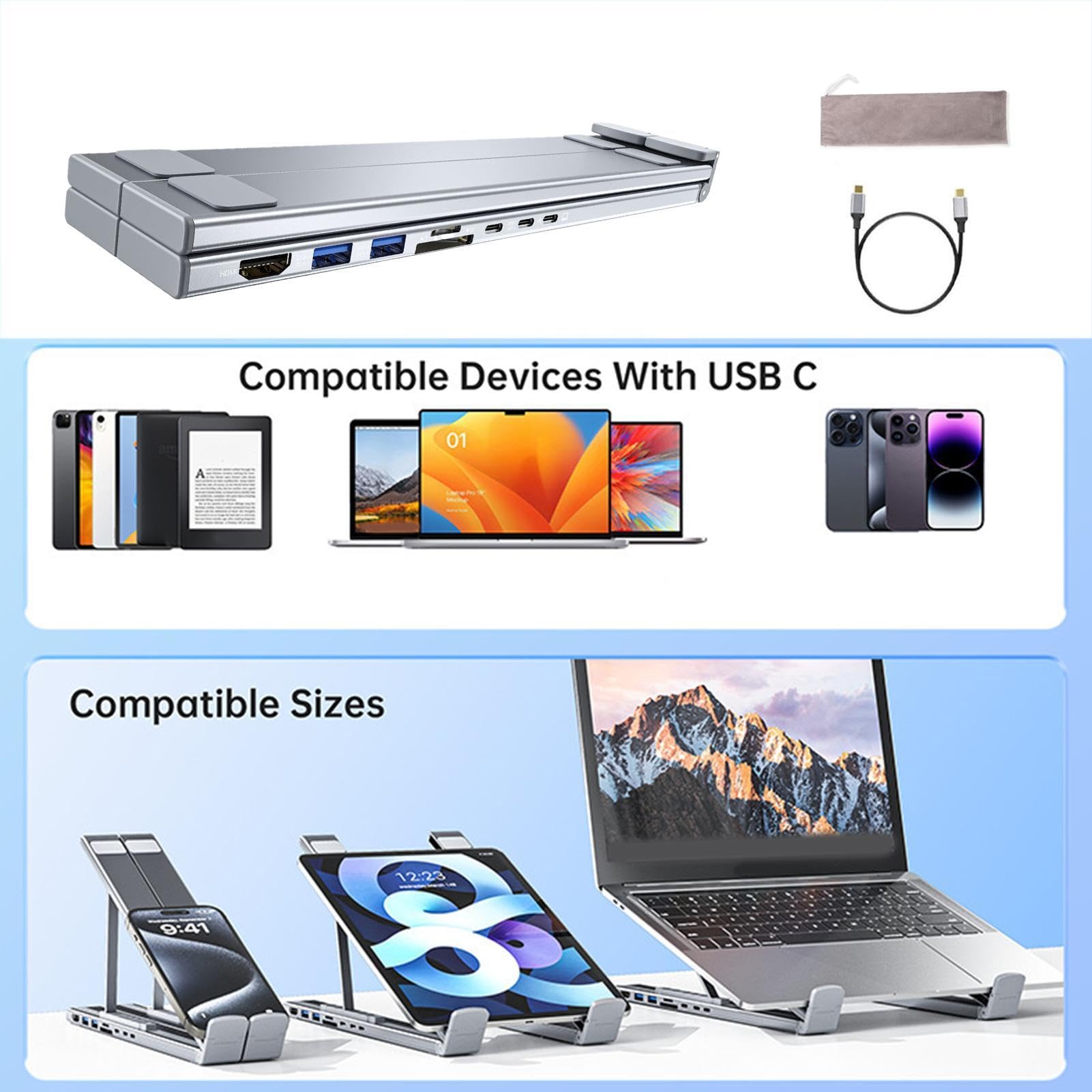 Base de Acoplamiento para Laptop Hub USB C 8 en 1 con Elevador para | Transferencia de Datos 5Gbps Base Plegable Portátil de Escritorio con Puertos USB escritorio, oficina, hogar