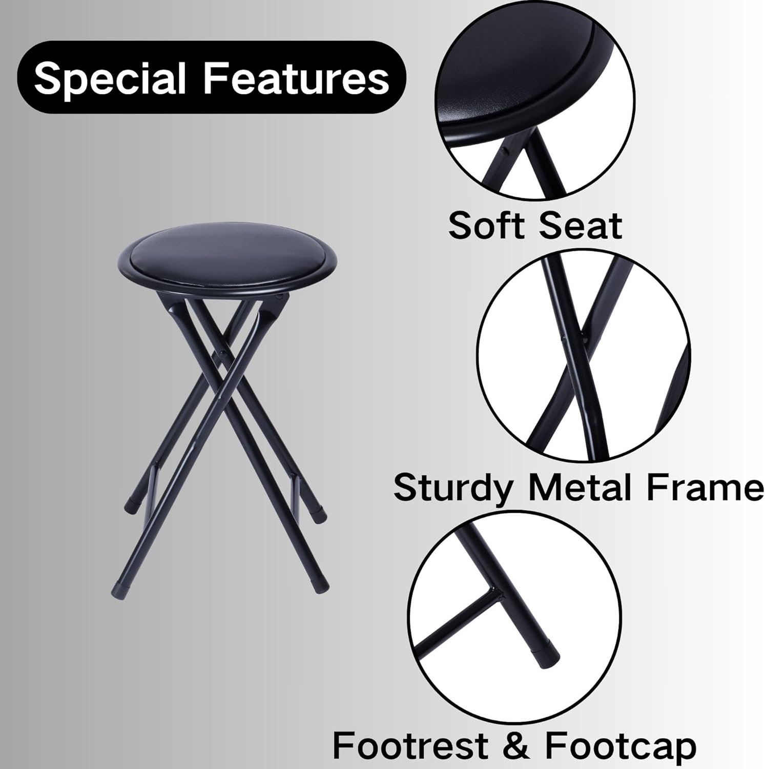 Homy Casa 18-Inch Backless Folding Stools with Soft Seat, Portable Waterproof Faux Leather Stools Foldable Chairs with Sturdy Frame for Indoor and Outdoor Use (Black, Set of 4)