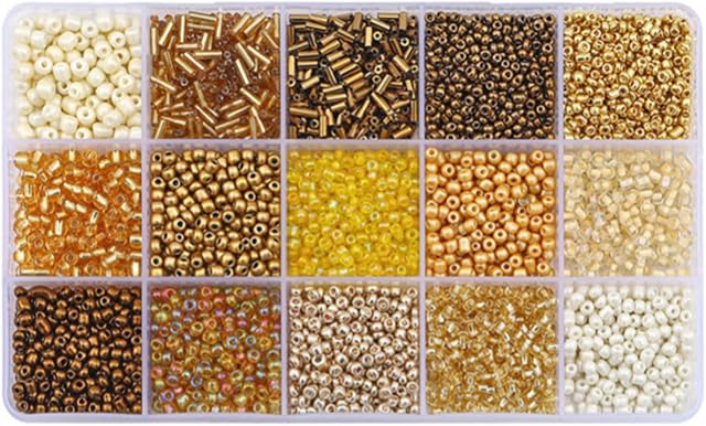 Mix 15 Couleur de graine de verre perles Tube perles verre boules Kit de perte pour la fabrication de bijoux DIY Perles artisanales (Mix 15 Couleur, or) 2/3/4mm Broderie Perles pour DIY Kit collier bracelet