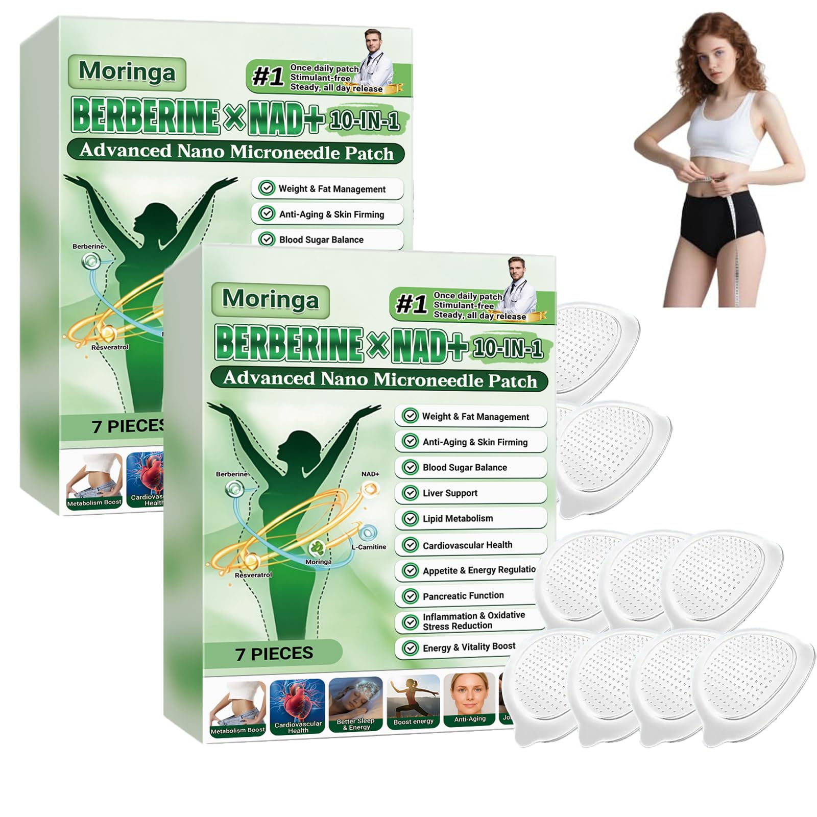 Moringa Berberin x 𝐍𝐀𝐃+ 10-in-1 Advanced Nano Mikronadelpatches,Nano Mikronadel Pflaster,Sanftes Körperpatch für alle Körpertypen,Gewichts- und Fettmanagement, Abnehmpflaster (2 Pack)