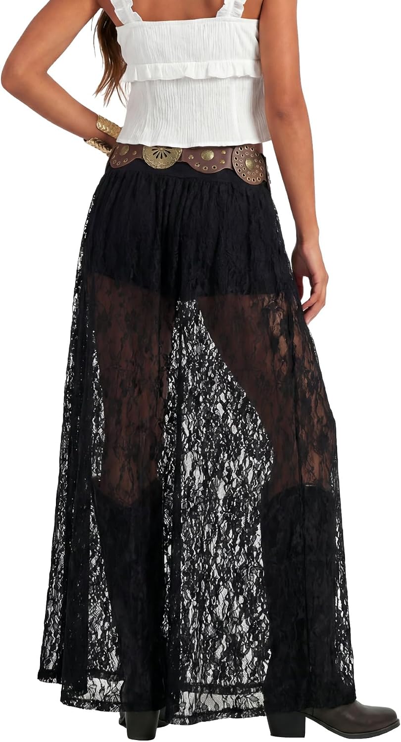 LYANER Women's Floral Lace Maxi Skirt High Waisted Flowy Sheer A Line Boho Skirts with Inner Shorts