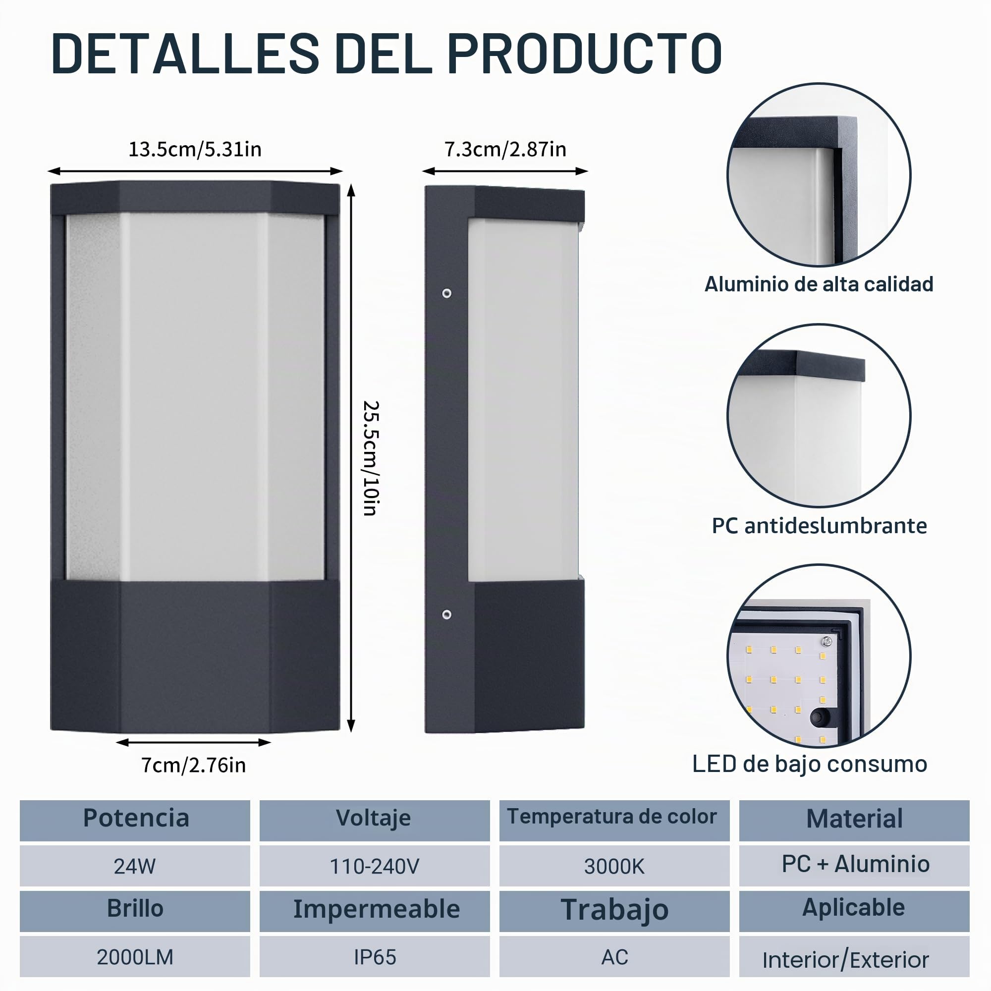 Aipsun 24W Aplique LED para exteriores, 3000K Aplique de pared, IP65 Aplique interior/exterior moderno, Lámpara de pared, Luces de pared para jardín y entrada, Aluminio+PC, 2000LM, Antracita