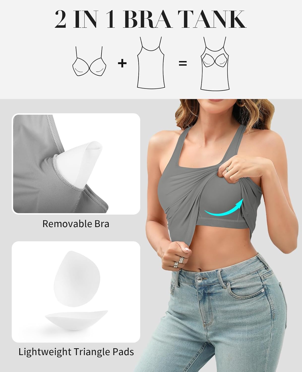 V FOR CITY Women's Tank Top with Built in Bras Adjustable Wide Strap Padded Camisole Summer Cami Shirts - Image 3