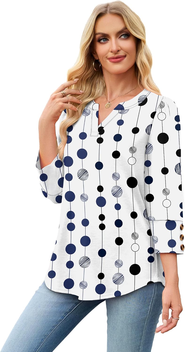 WIHOLL 3/4 Length Sleeve Womens Tops with Button Cuffs Dressy Casual V Neck Summer Outfits Early Fall Fashion Spring Clothes thumbnail