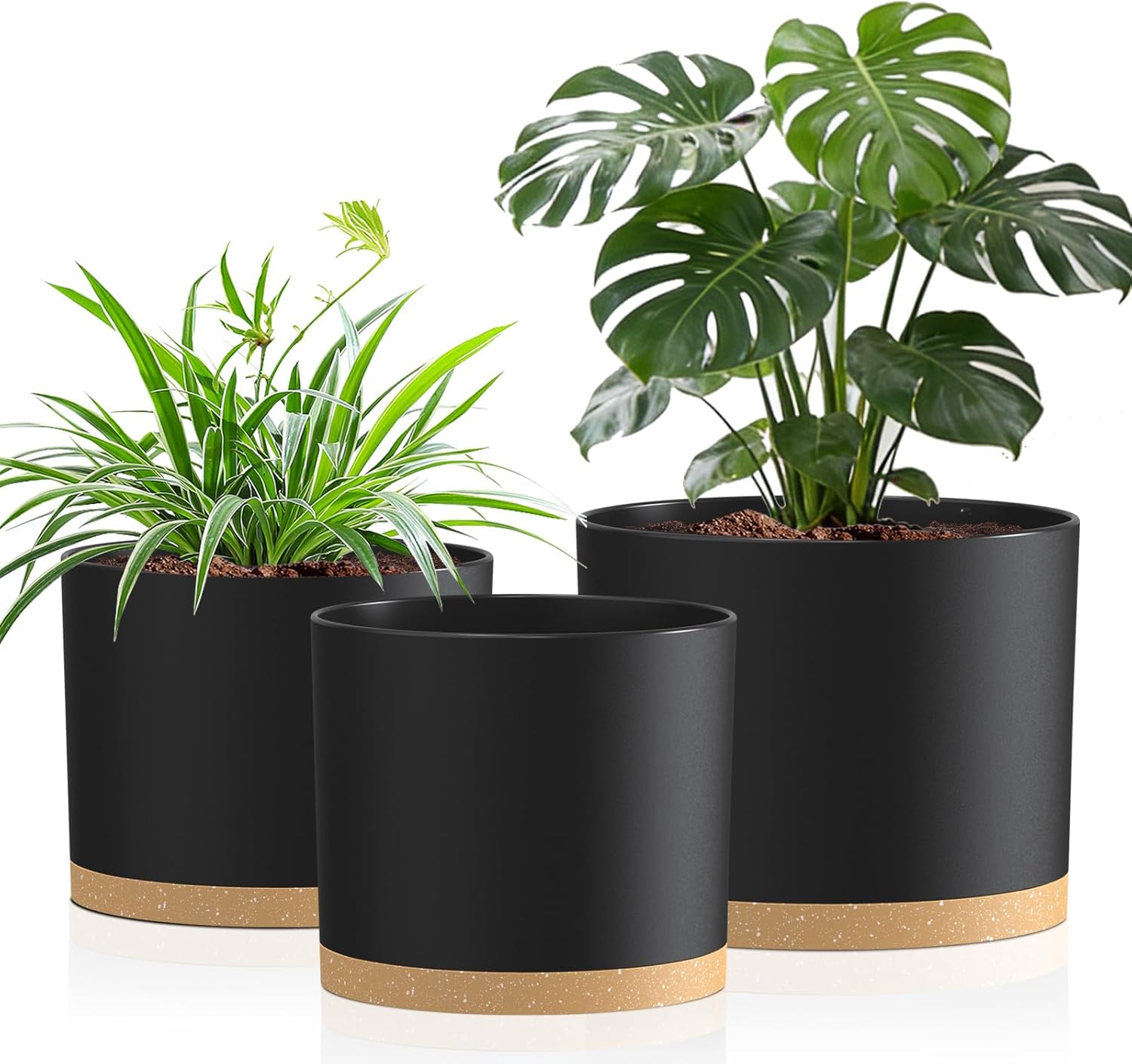 10/9/8 Inch Large Plant Pots with Drainage Holes and Trays, 3 Pack Modern Minimalist Cylinder Planters for Monstera, Snake Plant, Indoor Outdoor (Matte Black & Brown)