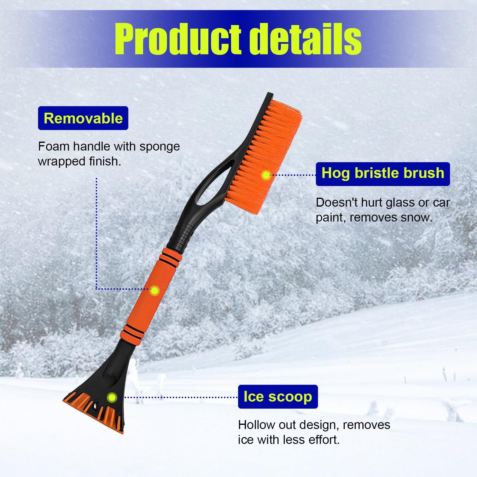 Dickno 61 cm Auto-Schneeschaber und Bürste, abnehmbarer, kratzfreier Eiskratzer mit ergonomischem Schaumstoffgriff, universelles Winter-Schnee-Entfernungswerkzeug für Auto-Windschutzscheiben-Fenster