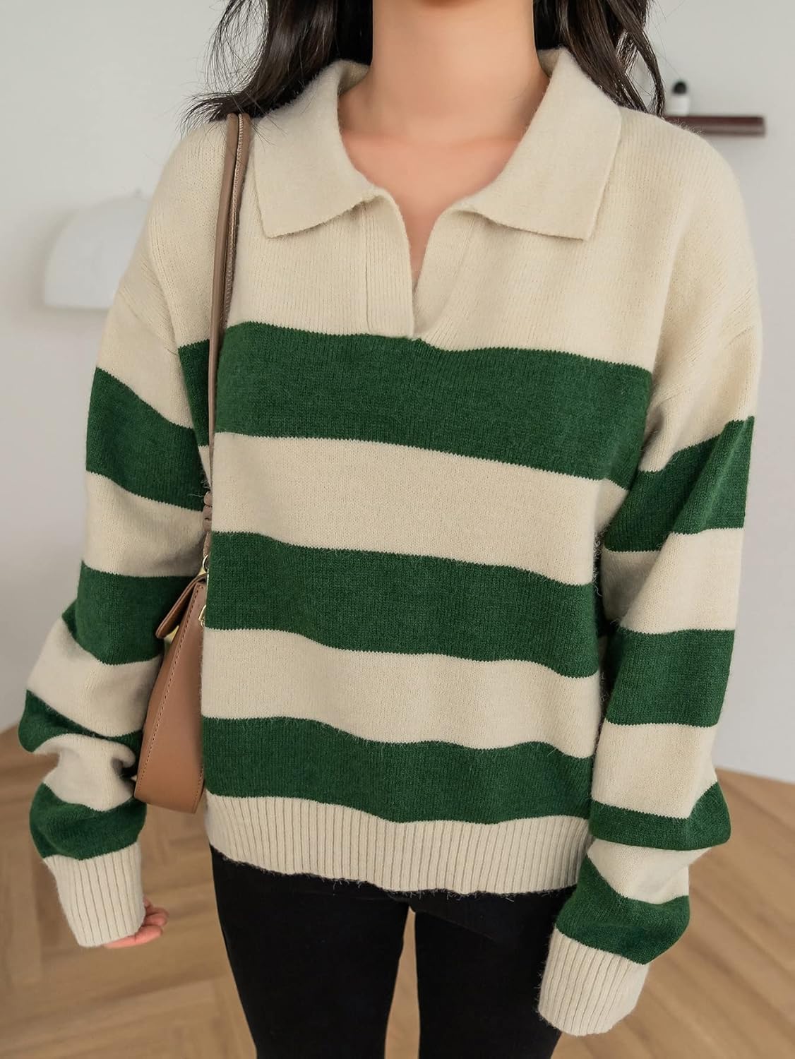 Women's Sweater Striped Pattern Drop Shoulder Polo Neck Sweater Sweater for Women (Size : Medium)