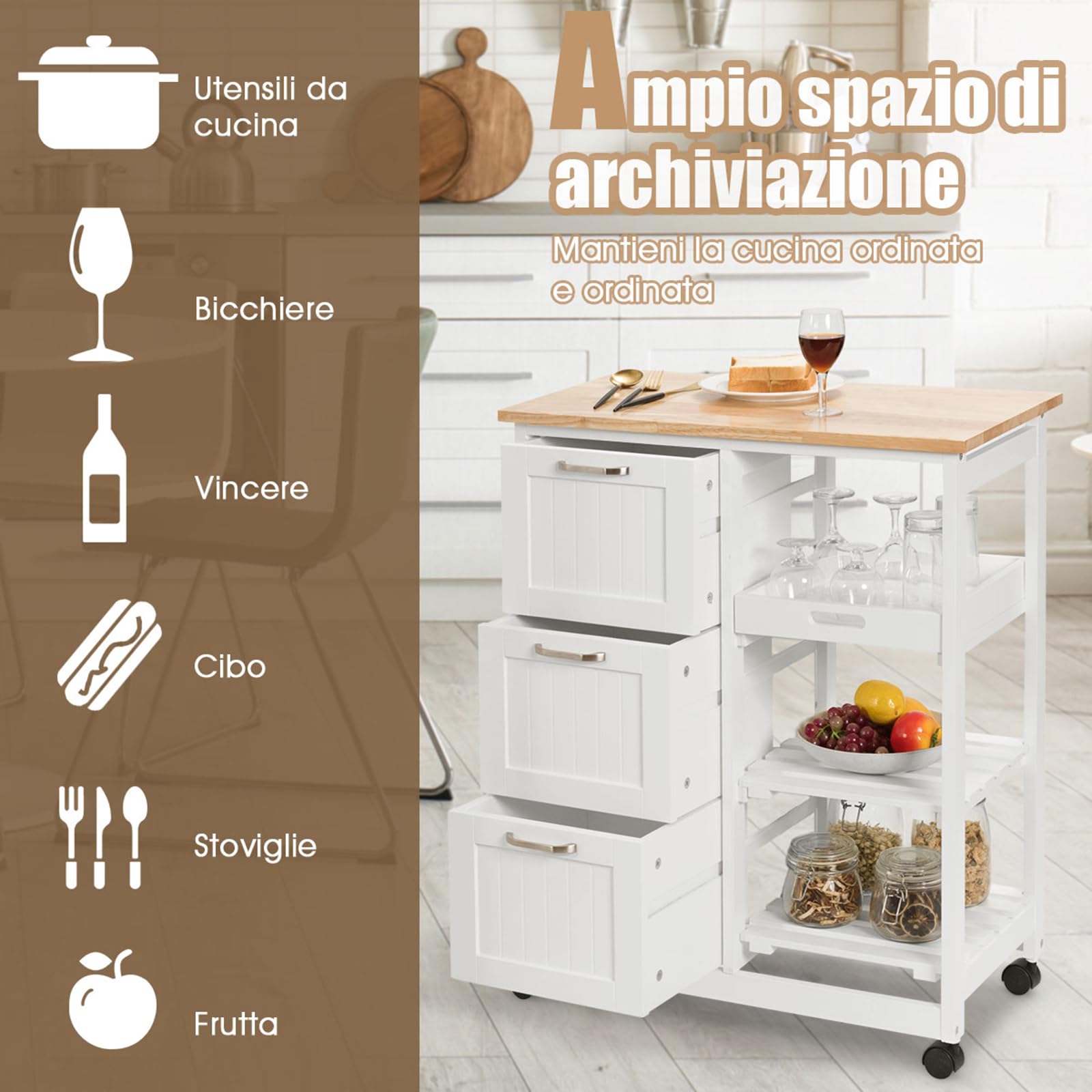 COSTWAY Carrello da Cucina con Ruote, Credenza Cucina con 4 Ripiani e 3 Cassetti, in Legno, Ideale per Cucina Ristorante e Bar, 67 x 37 x 83,5 cm (Bianco)