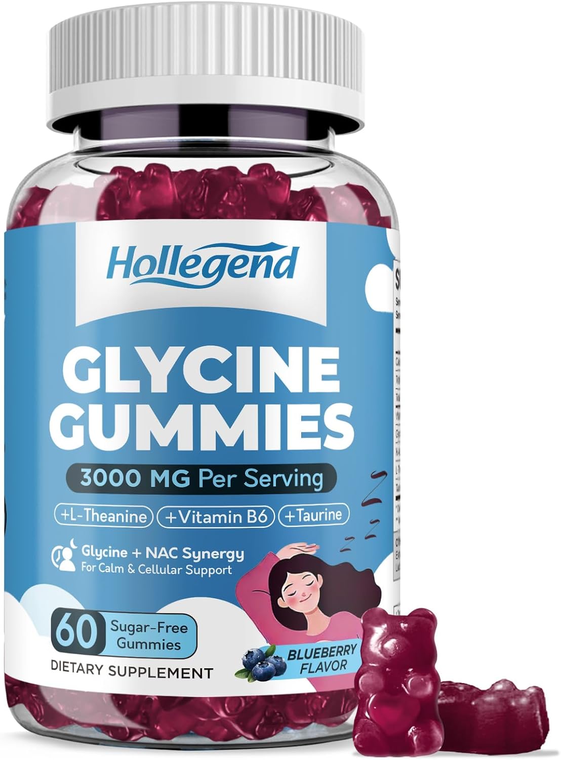 Glycine 3g Gummies, Organic L-Glycine with NAC Supplements for Sleep & Cellular Support, Plus B6, L-Theanine & Taurine for Nerve, Liver Detox & Immune Health, Sugar Free, Vegan, 60 Chews