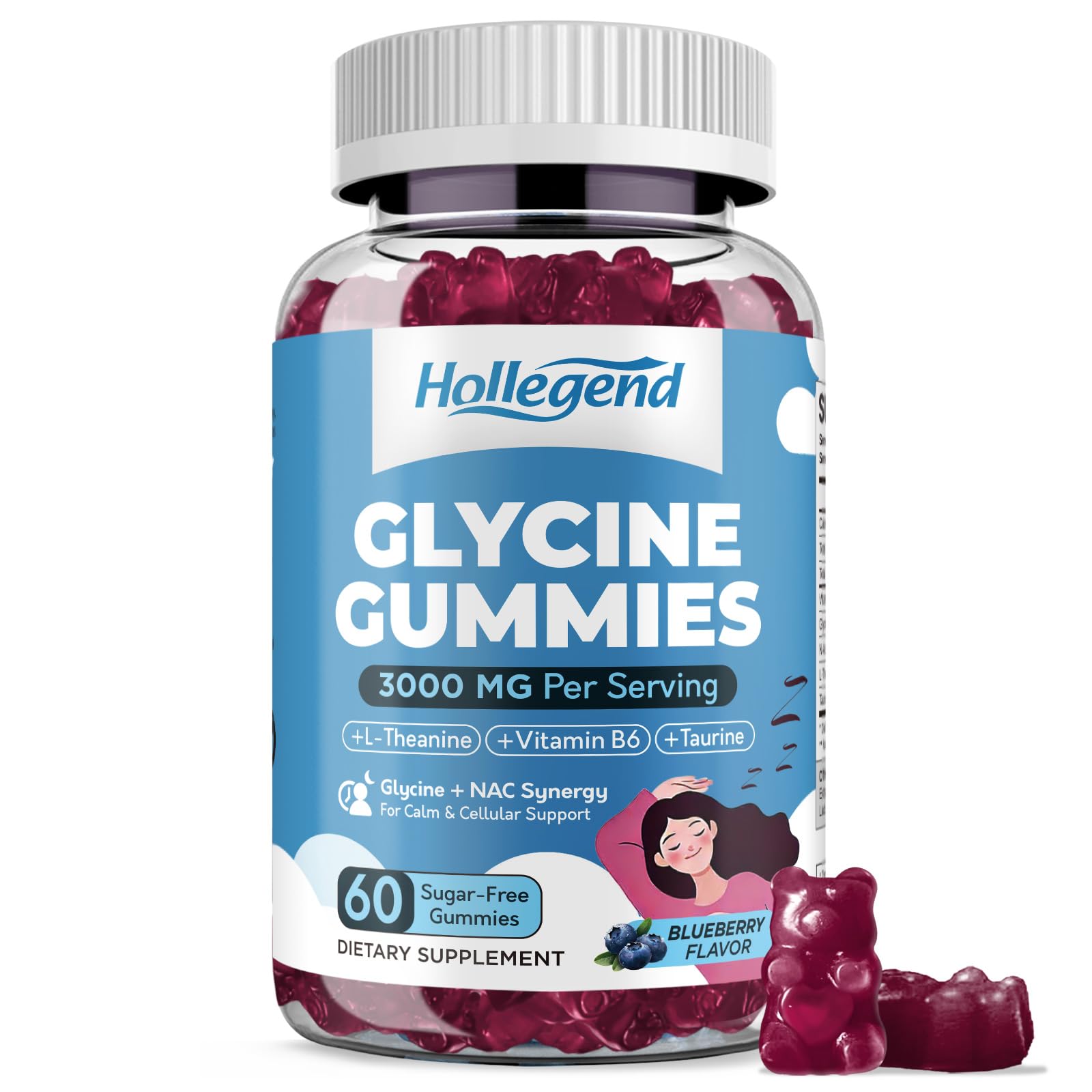 HOLLEGEND Glycine 3g Gummies, Organic L-Glycine with NAC Supplements for Sleep & Cellular Support, Plus B6, L-Theanine & Taurine for Nerve, Liver Detox & Immune Health, Sugar Free, Vegan, 60 Chews