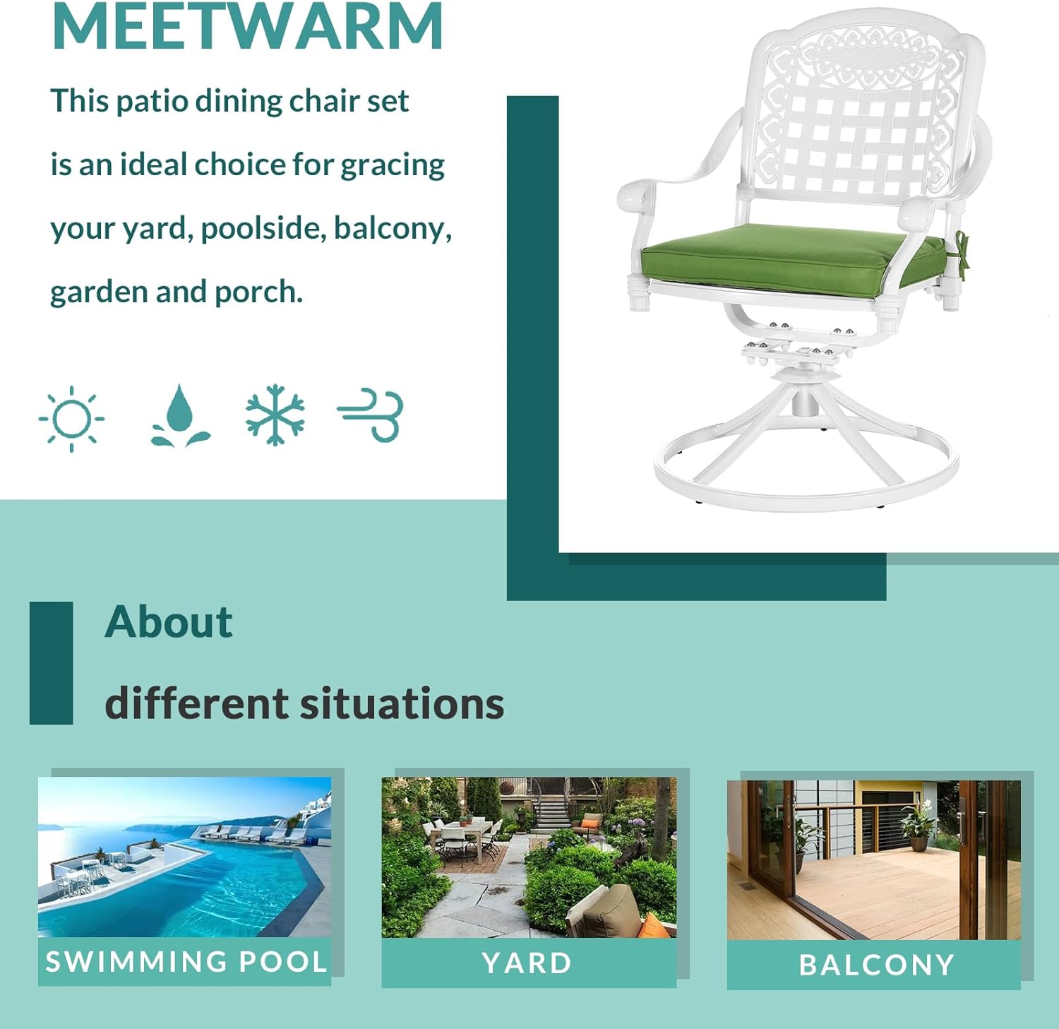 MEETWARM 2 Piece Patio Dinning Swivel Chairs Rocker, Outdoor All-Weather Cast Aluminum Chairs with Cushions, Patio Bistro Dining Chair Set for Garden Deck Backyard, White