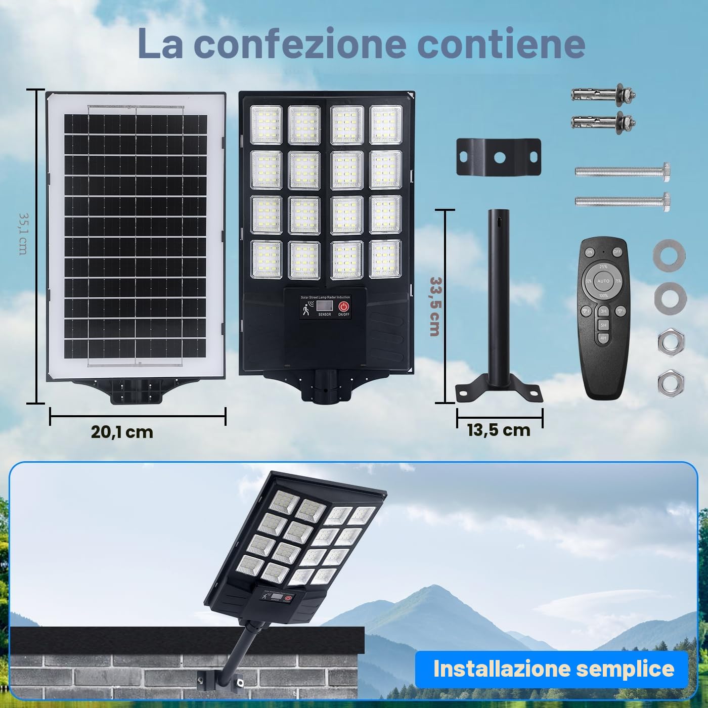YACAISI Lampioni stradali solari per esterni, 8500 K, luce a LED per vialetto a energia solare, sensore di movimento di inondazione al crepuscolo, illuminazione all'alba, supporto impermeabile