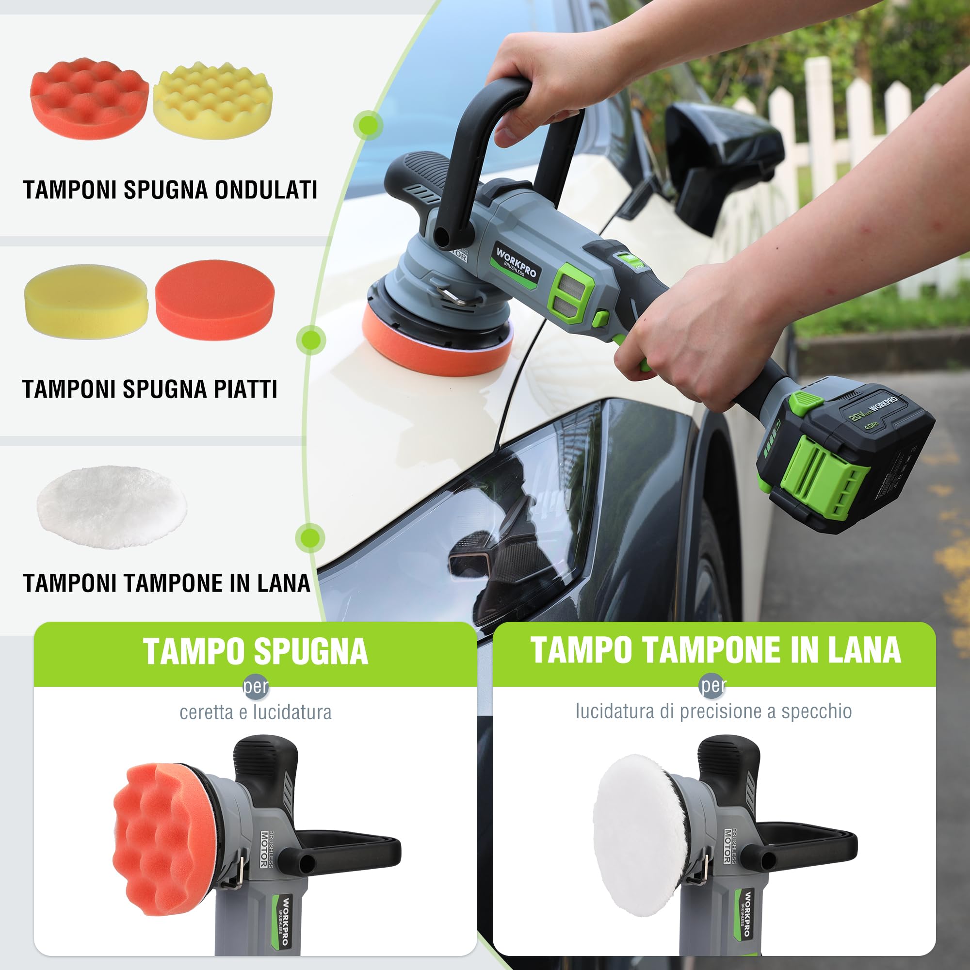 WORKPRO Lucidatrice per Auto 20V, Lucidatrice Orbitale a Doppia Azione, 7 Velocità (2000-5000 Giri/Min), Impugnatura a D Rimovibile, con Borsa, per Lucidare Auto, Pavimenti, Piastrelle, Mobili