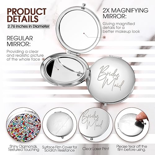 Miniatura 3 de Roowest 8 espejos de dama de honor, regalos de dama de honor, espejo compacto con aumento para boda, espejo cosmético compacto de bolsillo de mano,