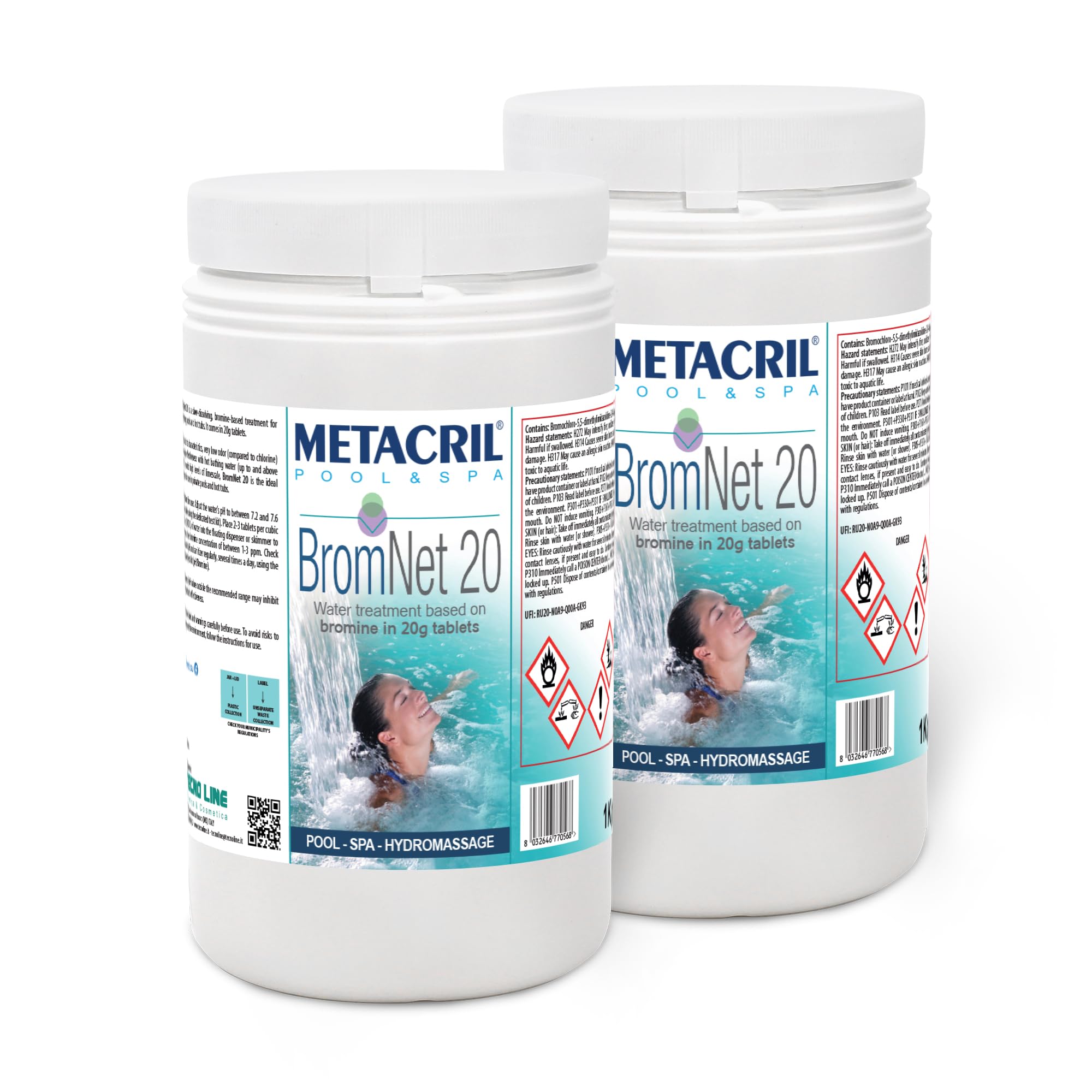 Metacril Brom Net 20, pastilles de Brome de 20 g, à Dissolution Lente, pour piscines et spas - 2 KG (1 + 1 PZ)