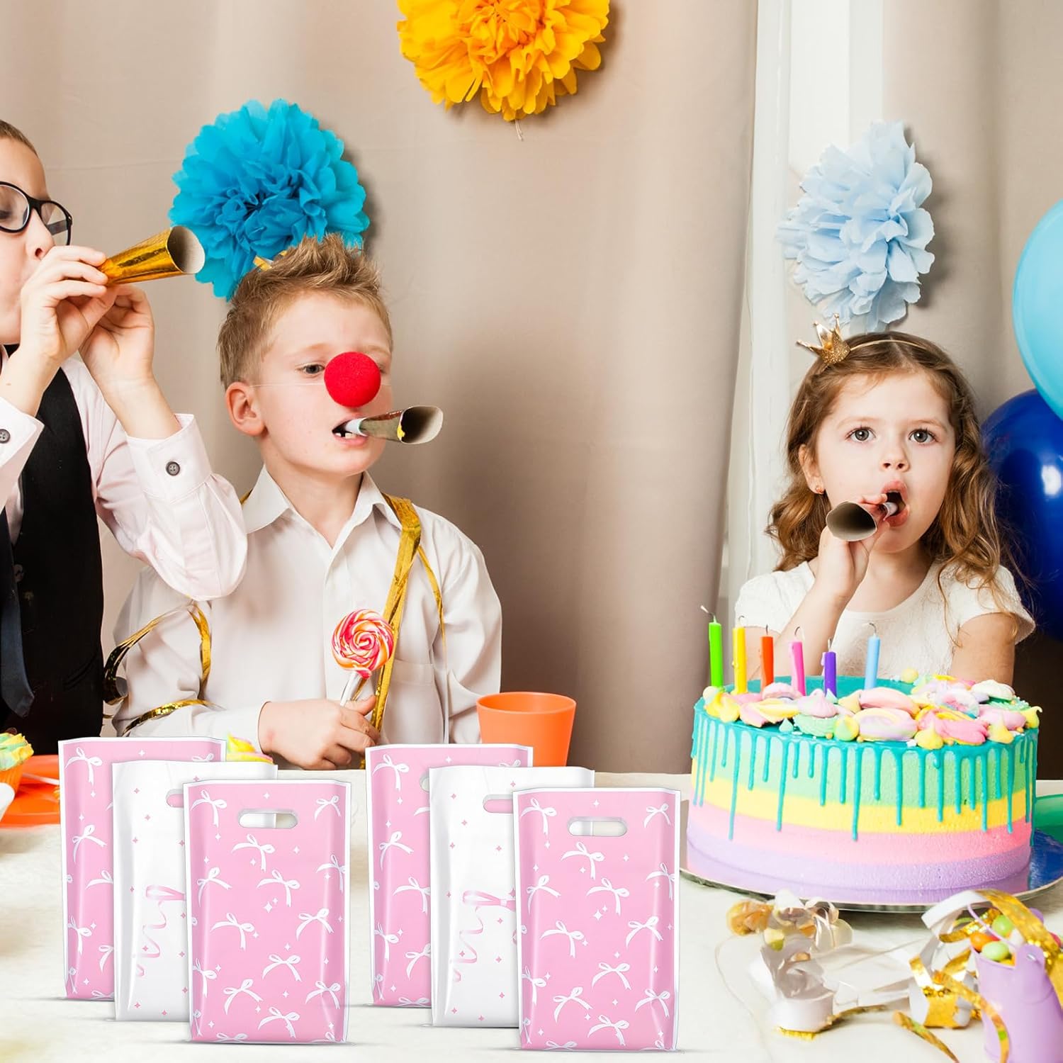 LXUEJIE 100Pcs Pink Bow Goodie Bags, Cute Bow Gift Pouches, Plastic Goodie Treat Candy Bag Girls Birthday Gifts Wrapping Bag for Wedding Baby Shower Engagement Party Supplies - Image 6