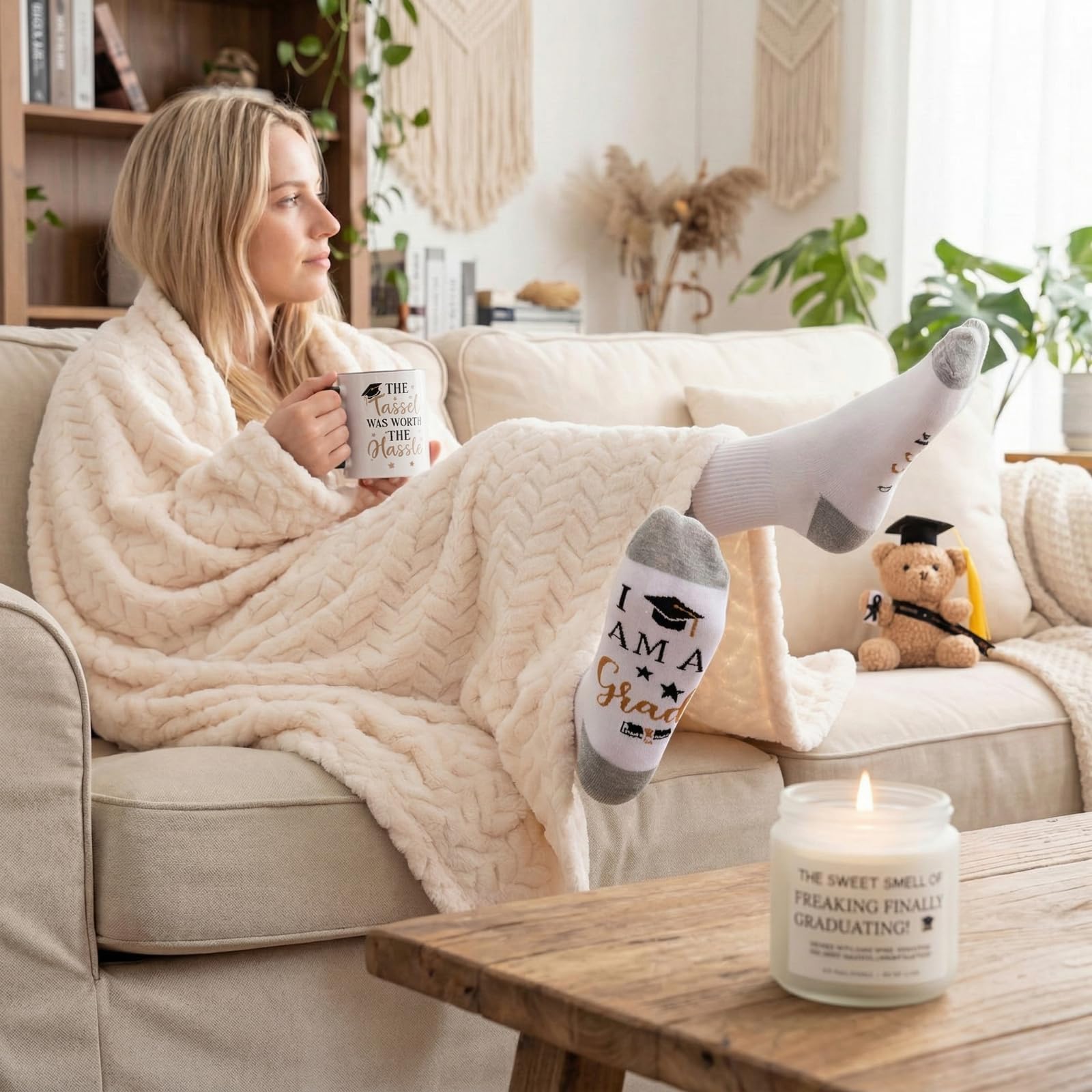 Zopeal 11 Pcs Graduation Gift for Her Him 2026, Congrats Grad Gift Basket for College or High School,Graduation Set with Mug, Candle, Blanket, Socks, Bracelet, Keychain, Banner, Bear (White)