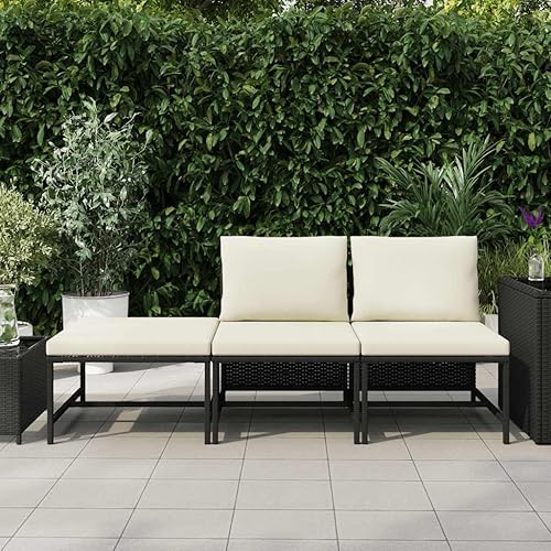 Miniatura 3 de 3 Piece Garden Sofa Set in Black and Cream White, Modern Outdoor Furniture with PE Rattan and Steel Frame, Comfortable Cushions for Patio Balcony