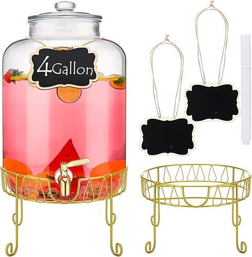 Dispensadores de bebidas para fiestas, dispensador de bebidas de 4 galones con soporte y recipientes de bebidas de espita de acero inoxidable para