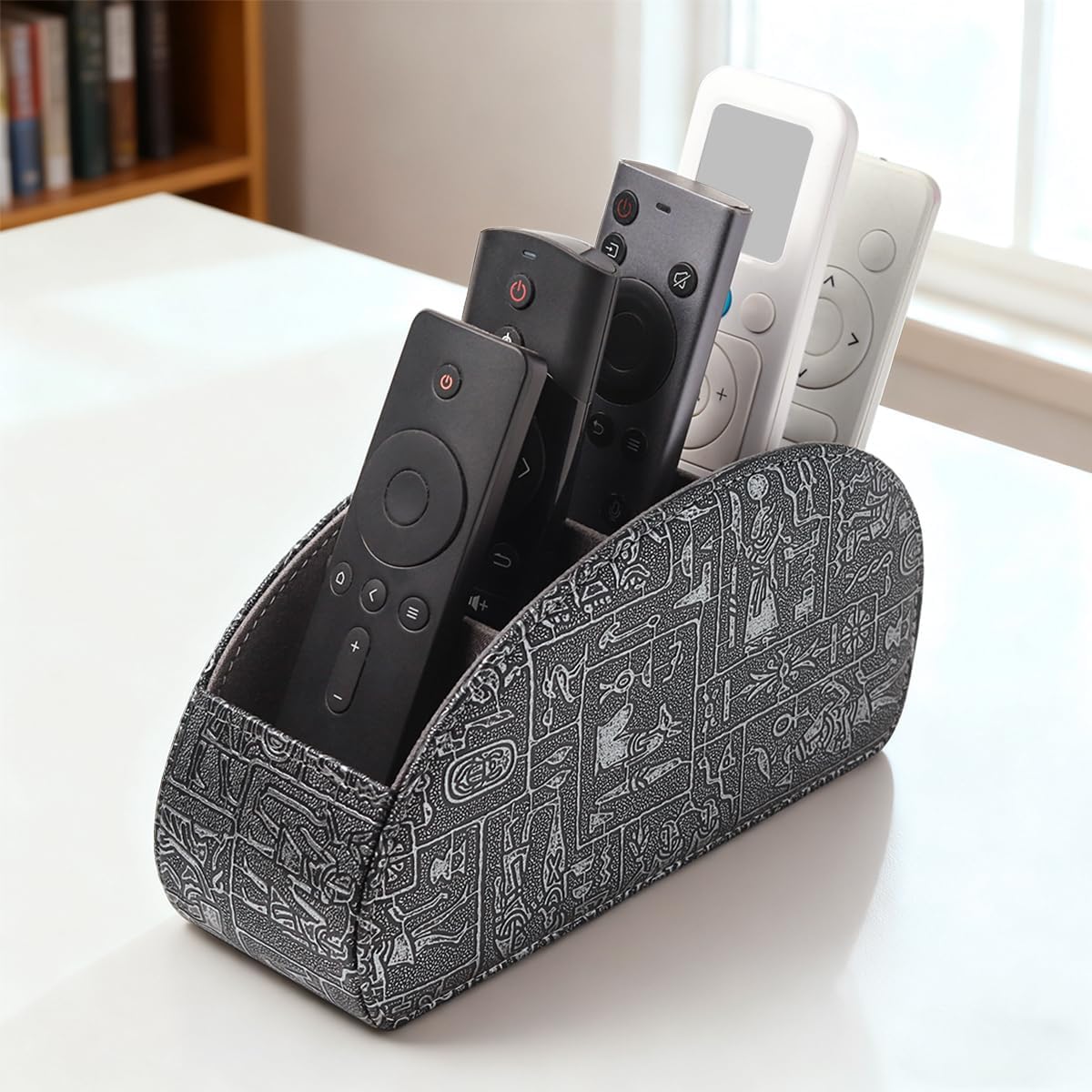 Remote Control Holder with 5 Compartments, Upgraded PU Leather TV Remote Caddy Desktop Organizer for Easy Store and Take Remote Controllers, Office Supplies, Media Accessories(Retro Silver) image 5