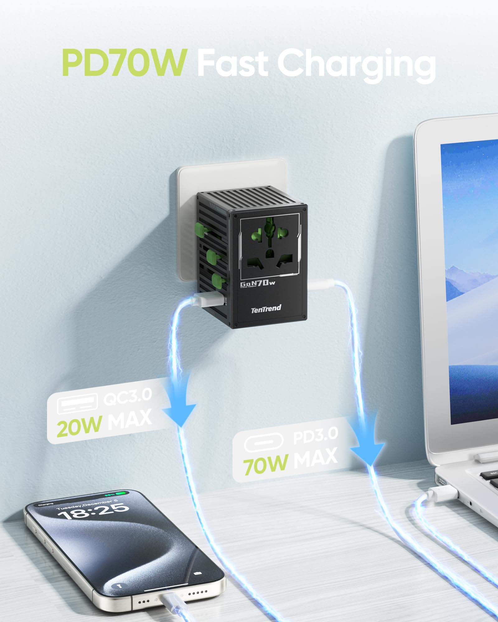 TenTrend - Adaptador universal de viaje, adaptador de corriente internacional de 70 W con 4 puertos USB-C y 1 USB-A, adaptador de enchufe de viaje europeo, esencial de viaje en todo el mundo para la