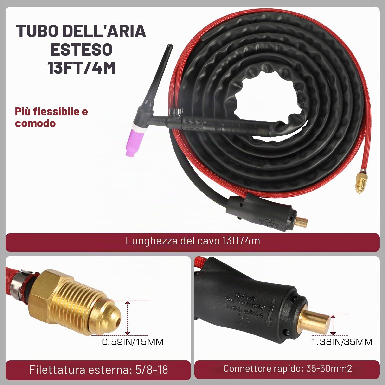 ARCCAPTAIN Torcia per saldatura TIG, torcia TIG Argon WP-17V con tubo dell'aria rosso da 13 piedi e connettore da 35-50 mm, torcia TIG di sollevamento 150 A per ARCCAPTAIN ARC200 MIG200