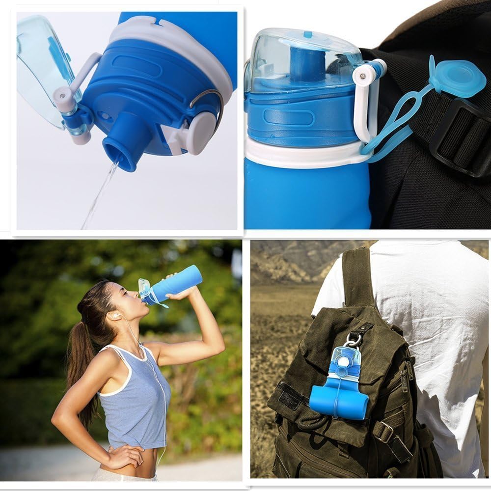 Collapsible Water Bottle 750ML/26 floz BPA Free Reusable Foldable Silicone Sports & Outdoor Water Bottles-Blue