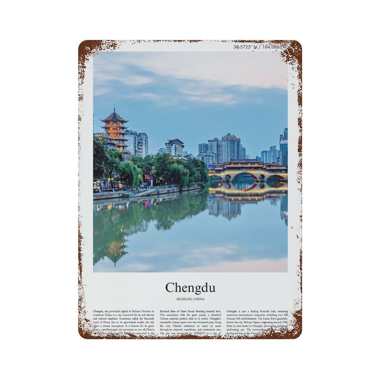 xiaoxiaoshen Chengdu Sichuan, China City Scenery Wall Decor Art Metal Tin Poster Modern Home Decor Art Home Bar Shop Decorations Vintage Sign 40x30cm