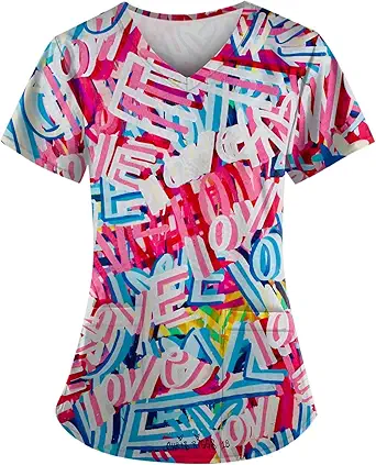 OIOLOYJM Printed Scrub Tops Women Short Sleeve V Neck Plus Size Scrubs for Womens Nursing Uniforms Shirts with Pockets