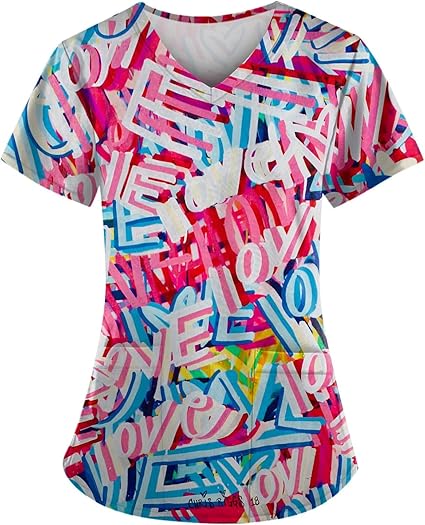 OIOLOYJM Printed Scrub Tops Women Short Sleeve V Neck Plus Size Scrubs for Womens Nursing Uniforms Shirts with Pockets