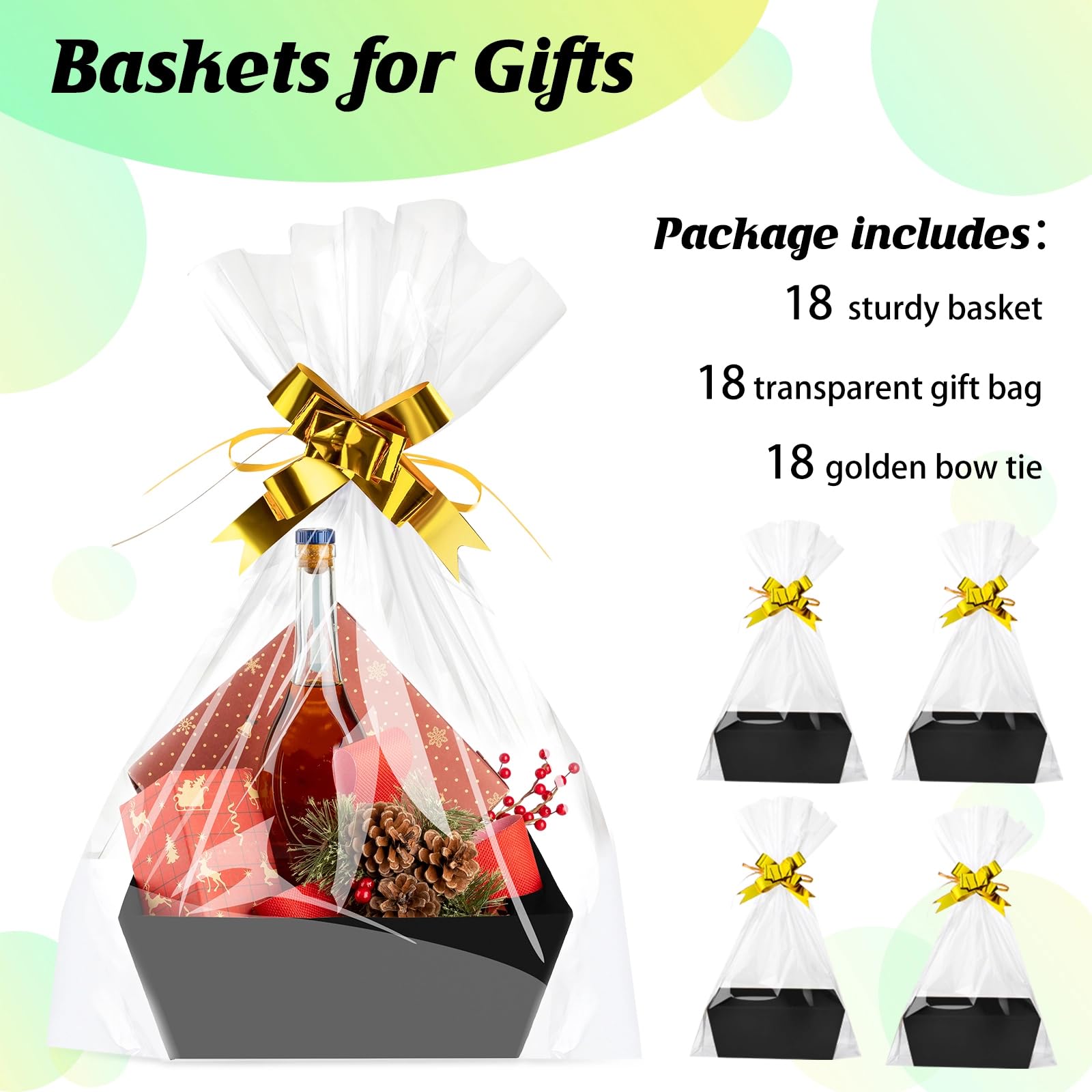 Fainne El kit de 54 cestas para regalos incluye 18 cestas de regalo vacías a granel, 9.8 x 8.5 x 3.5 pulgadas, almacenamiento de alimentos con asas, 18 bolsas de plástico y 18 lazos para envolver