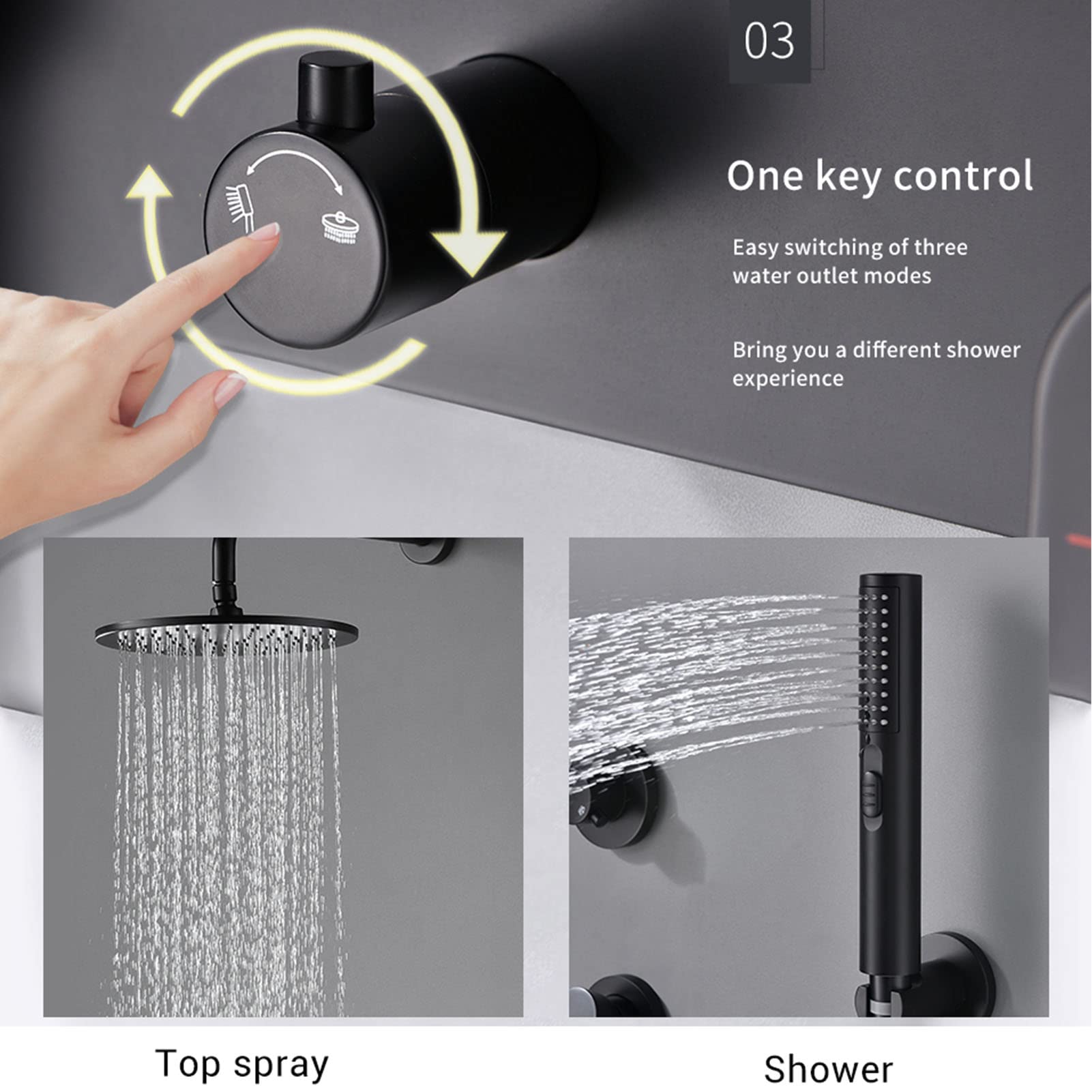 Set Rubinetto Doccia Nero, Sistema a Parete, soffione a Pioggia e doccetta 2 in 1, Miscelatore per Bagno con Maniglia Singola, Ottone, 12 pollici/10 Pollici