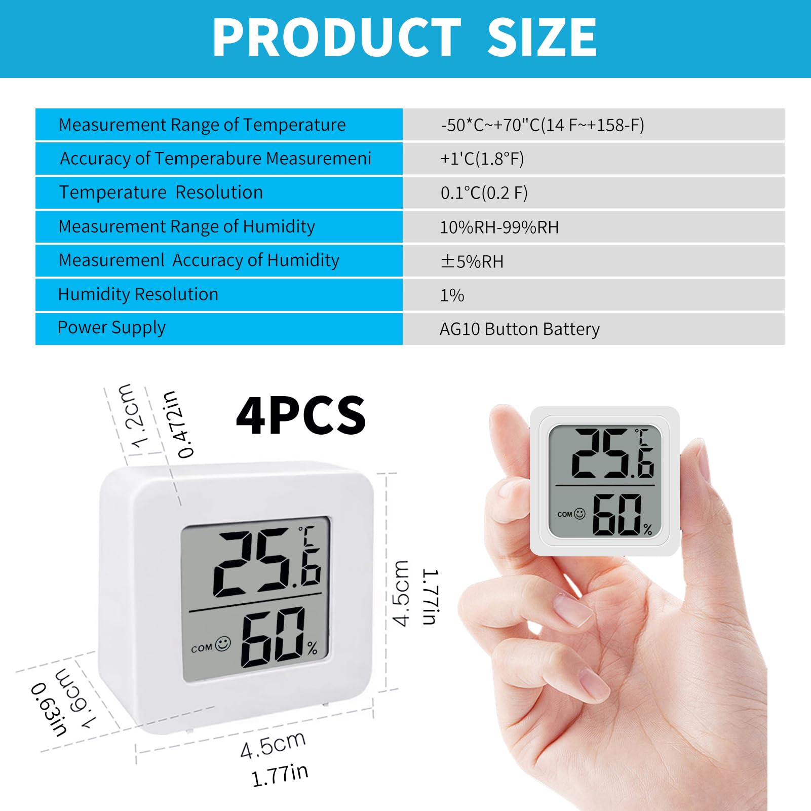 4PCS Room Thermometer, Digital Room Hygrometer Accurate Temperature Humidity Meter Gauge Monitor Indoor Humidity Meter Large LCD Display Celsius for House Greenhouse Baby Office Garden Cellar (White) — view 2