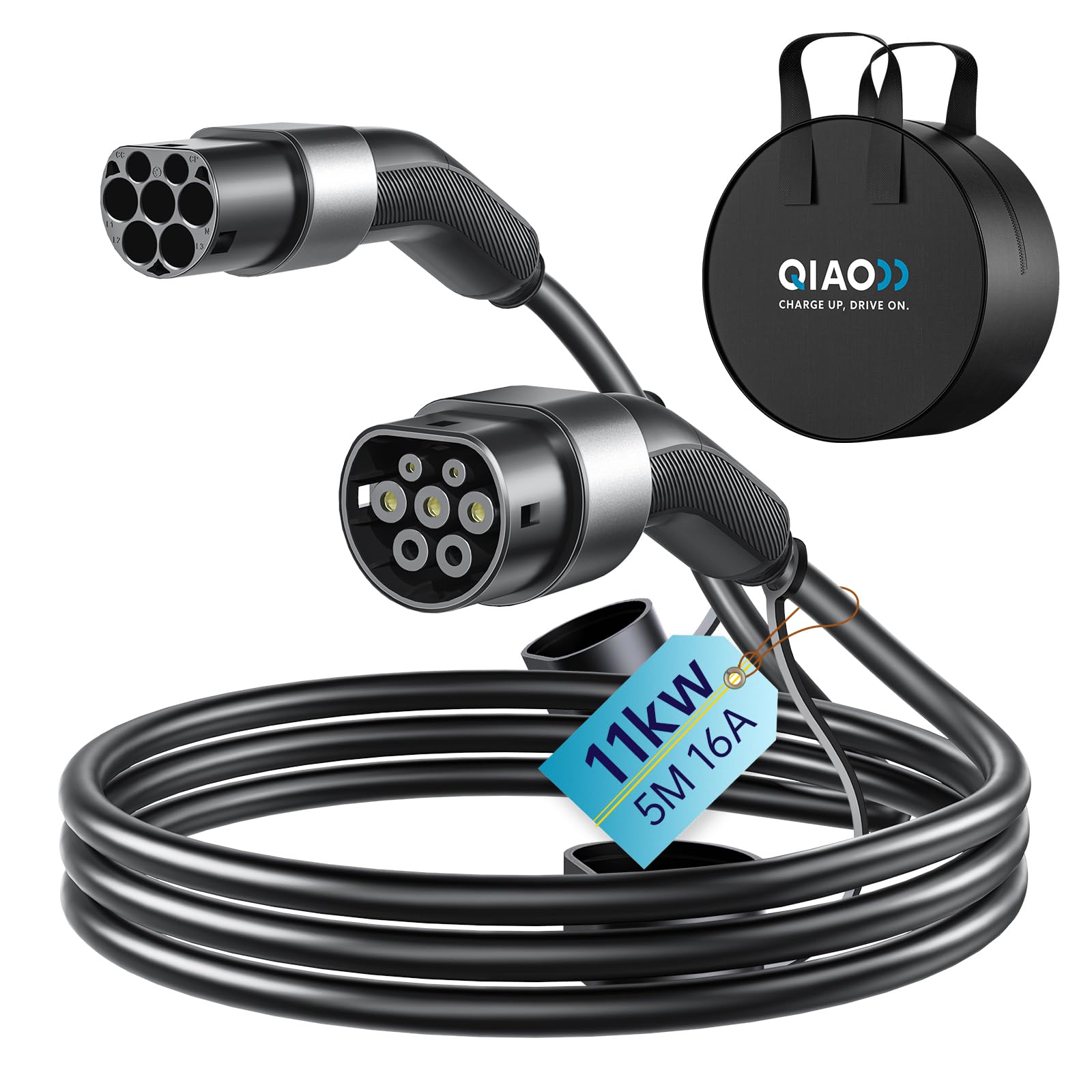 QIAO Elektrofahrzeug-Ladekabel Typ 2, 11kW 5M 16A 3-phasig, IEC 62196 Ladekabel für Elektrofahrzeuge vom Typ 2 auf Typ 2, Elektrofahrzeug-/Plug-in-Hybrid-Schnellladekabel mit Tragetasche