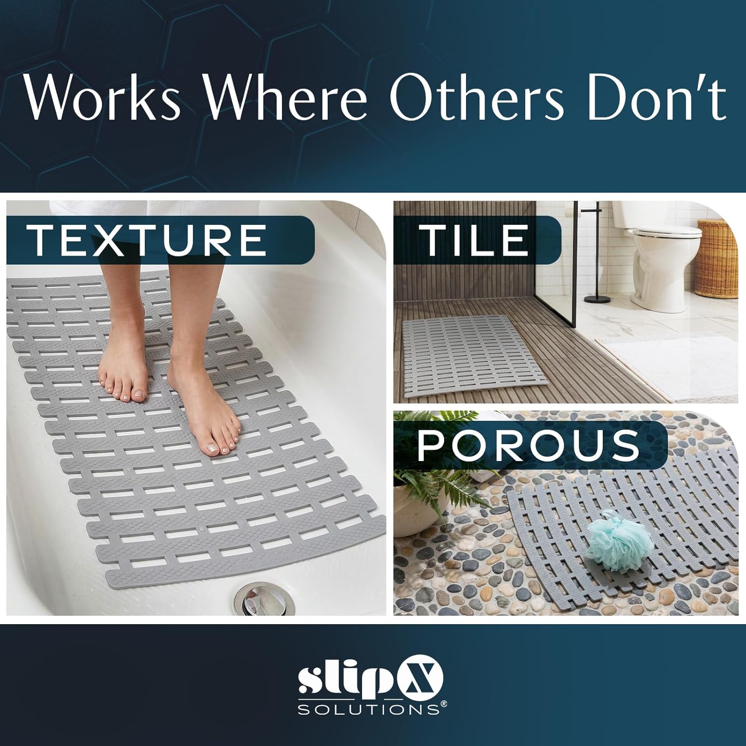 SlipX Solutions Weighted Non Slip Bath Mat for Textured Tub & Shower Surfaces, Patent Pending, Anti Slip Bathtub Safety Without Suction Cups, Doesn’t Float, Works on Tile & Stone 31” x 15”, Gray