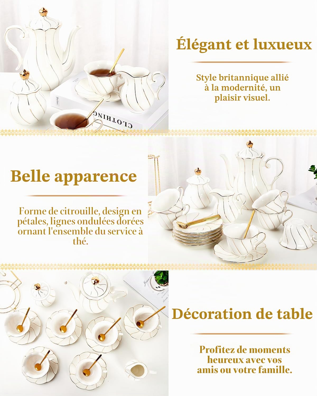 DUJUST Service à thé 22 pièces en porcelaine blanche pour 6 personnes, ensemble de tasses à thécafé de luxe de style britannique avec bordure dorée, beau service à thé pour femme, ensemble de thé,