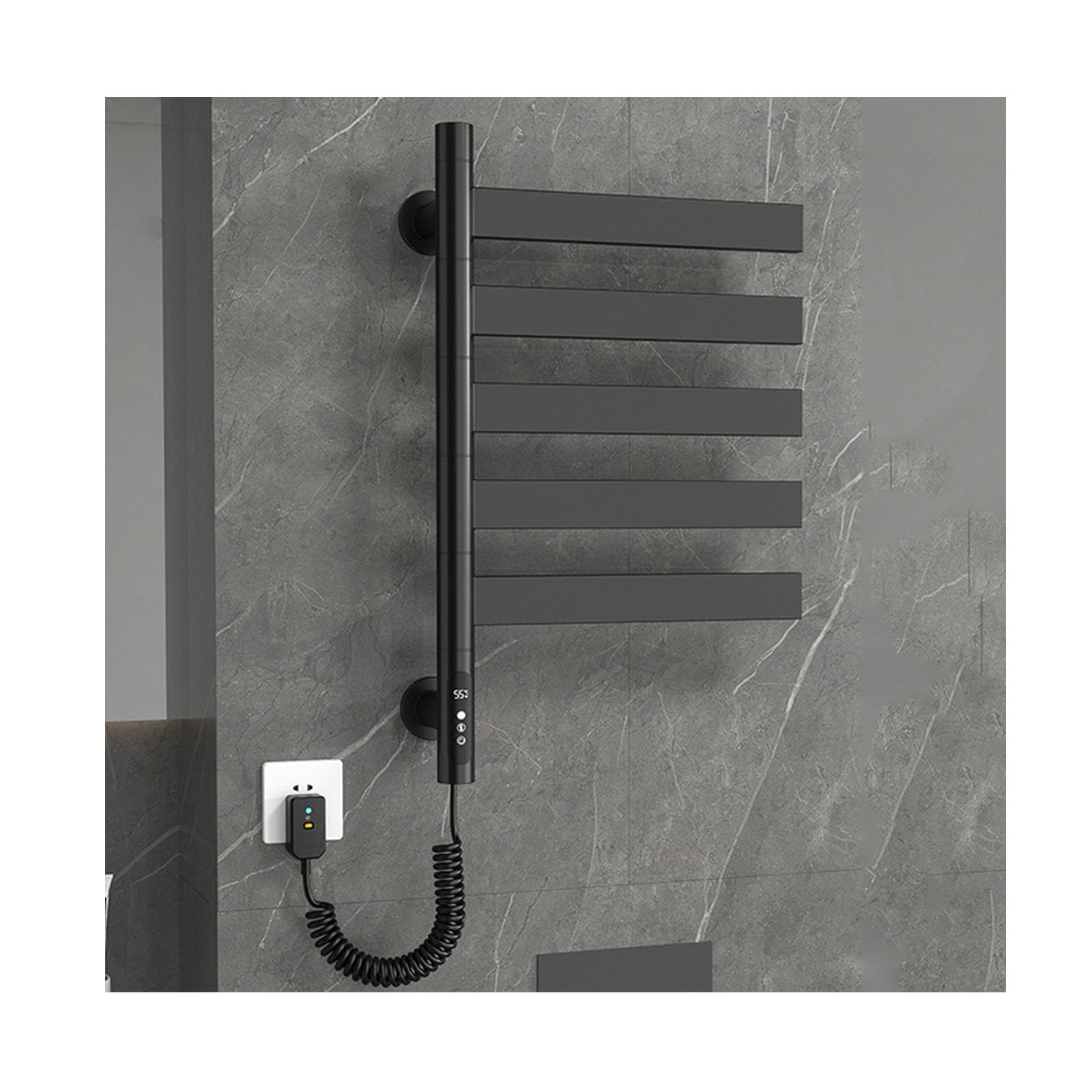 Toallero eléctrico de acero inoxidable negro con 5 varillas giratorias y temporizador