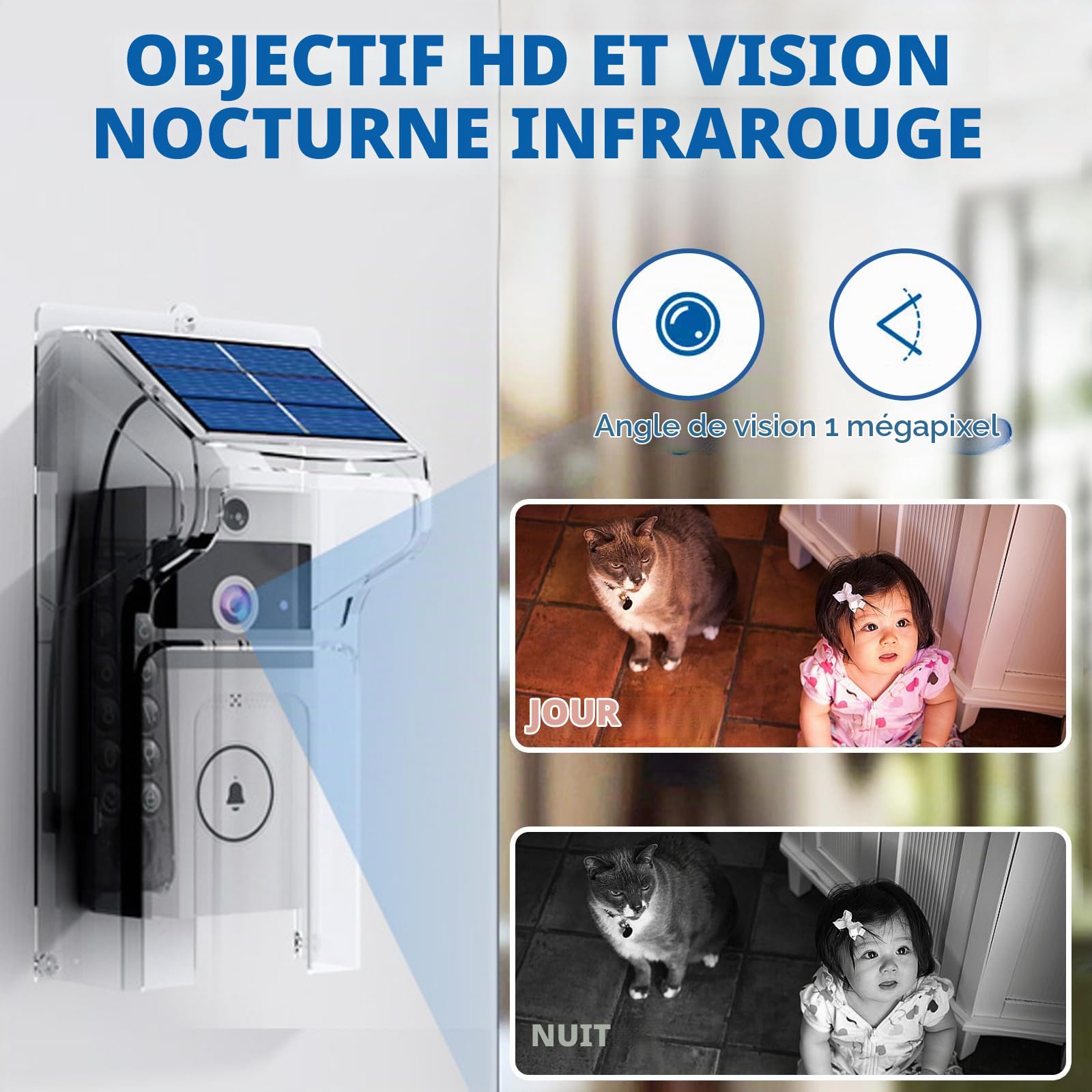 Sonnette de porte sans fil Wi-Fi avec caméra, sonnette vidéo solaire rechargeable, vision nocturne infrarouge, détection de mouvement PIR, interphone bidirectionnel mains libres, sonnette