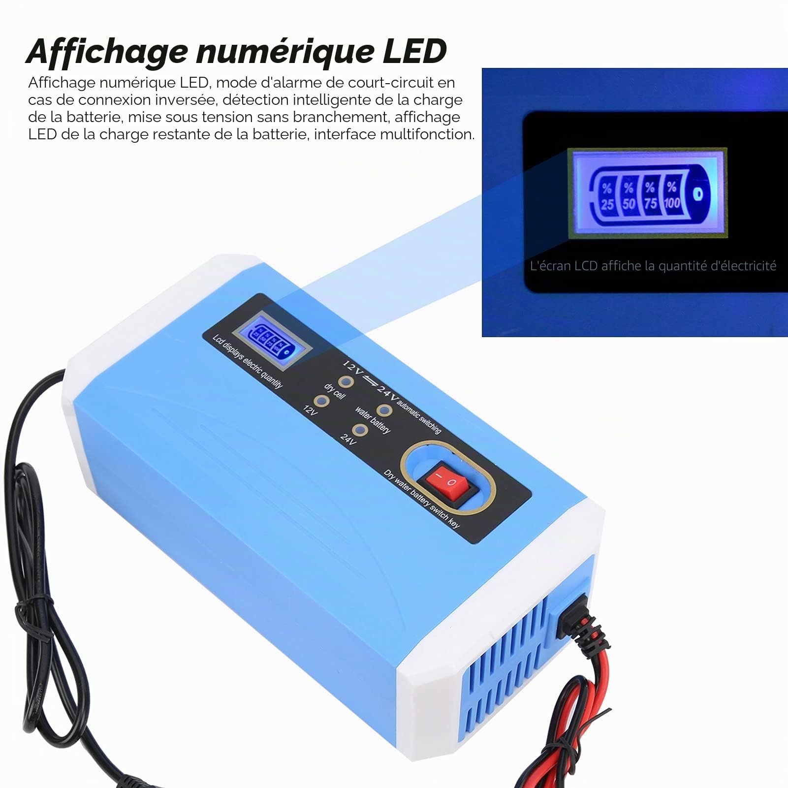 Chargeur de Batterie de Voiture, 12V/24V (20Ah/200Ah) Automatique Intelligent Mainteneur Chargeur de Maintien pour Voiture Camion Moto Bateau Marine RV SUV (Réglementation européenne)