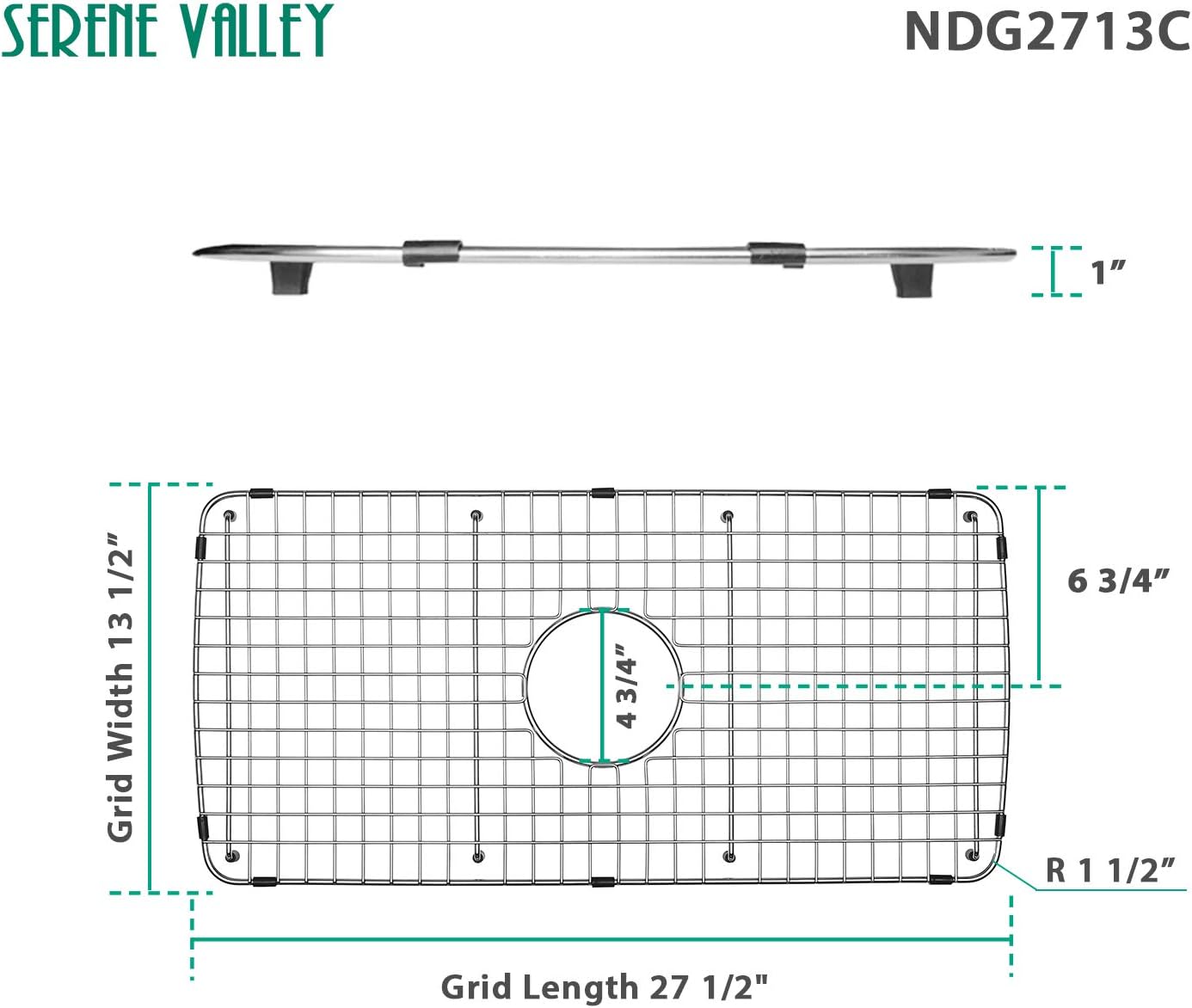 Serene Valley Sink Bottom Grid 27-1/2" x 13-1/2", Centered Drain with Corner Radius 1-1/2", Sink Grids Stainless Steel NDG2713C