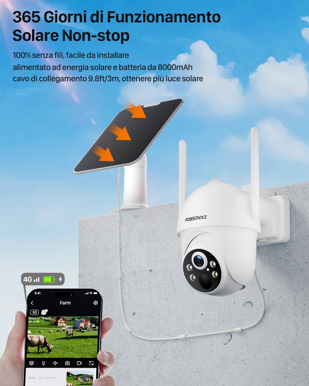 4G Telecamera Solare Esterno con SIM, 2K HD Telecamere Senza Fili e 64 GB di Memoria, Visione Notturna, Tracciamento Automatico, Audio Bidirezionale, IP66 (Nessun supporto WiFi)